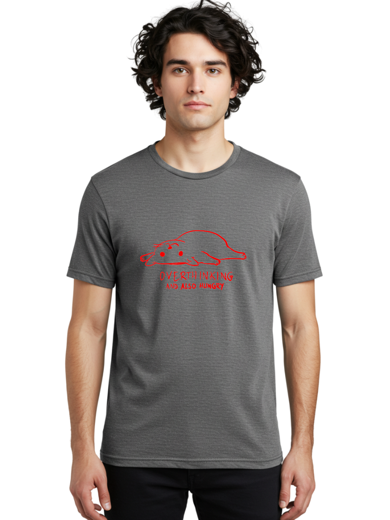 Overthinking-And-Also-Hungry Men'S Graphic Tee, 100% Cotton, Comfortable Casual Summer Wear, Machine Washable, Funny Animal Cartoon, Red Rat, Cute Rodent, Lying Down Relaxed, Overthinking Humor, Relatable, Funny, Quirky, Cartoon Humor, - Aaa106