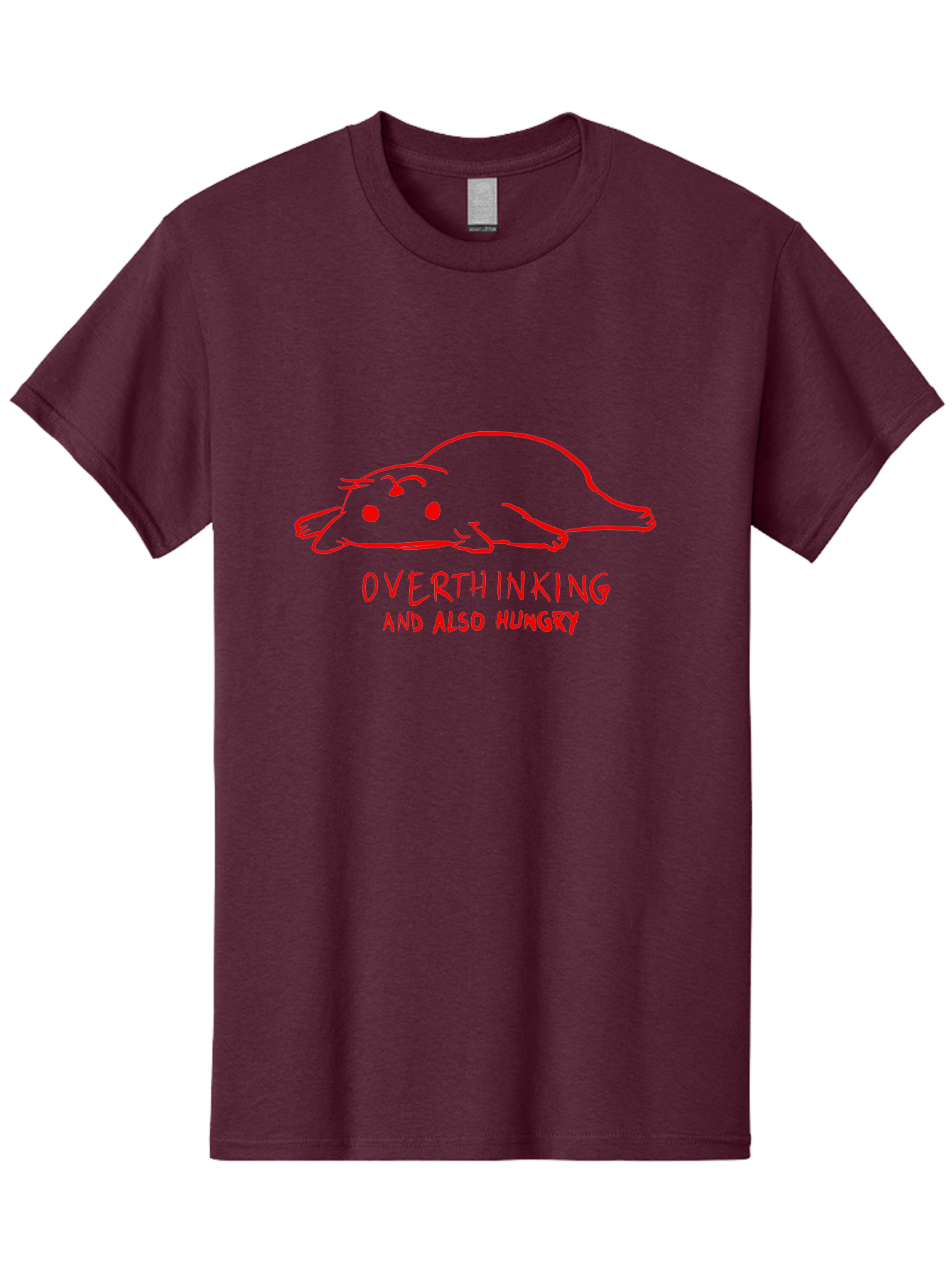 Overthinking-And-Also-Hungry Men'S Graphic Tee, 100% Cotton, Comfortable Casual Summer Wear, Machine Washable, Funny Animal Cartoon, Red Rat, Cute Rodent, Lying Down Relaxed, Overthinking Humor, Relatable, Funny, Quirky, Cartoon Humor, - Aaa106