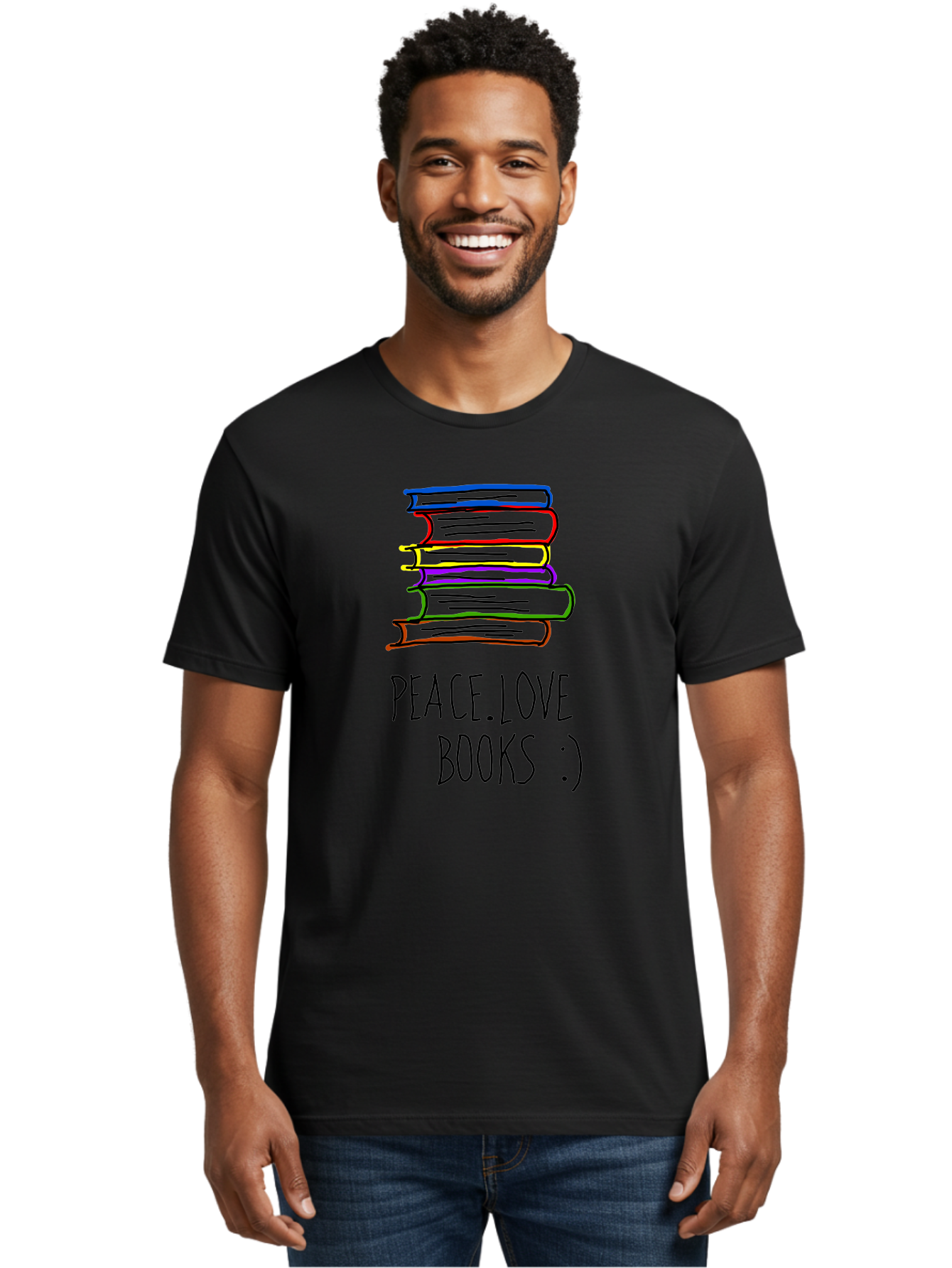 Peace-Love-Books Men'S Graphic Tee, 100% Cotton, Comfortable Casual Summer Wear, Machine Washable, Stack Of Books, Love For Reading, Peaceful Atmosphere, Inspirational Quote, Book Lovers, Reading Culture, Inspirational Message, - Aaa109