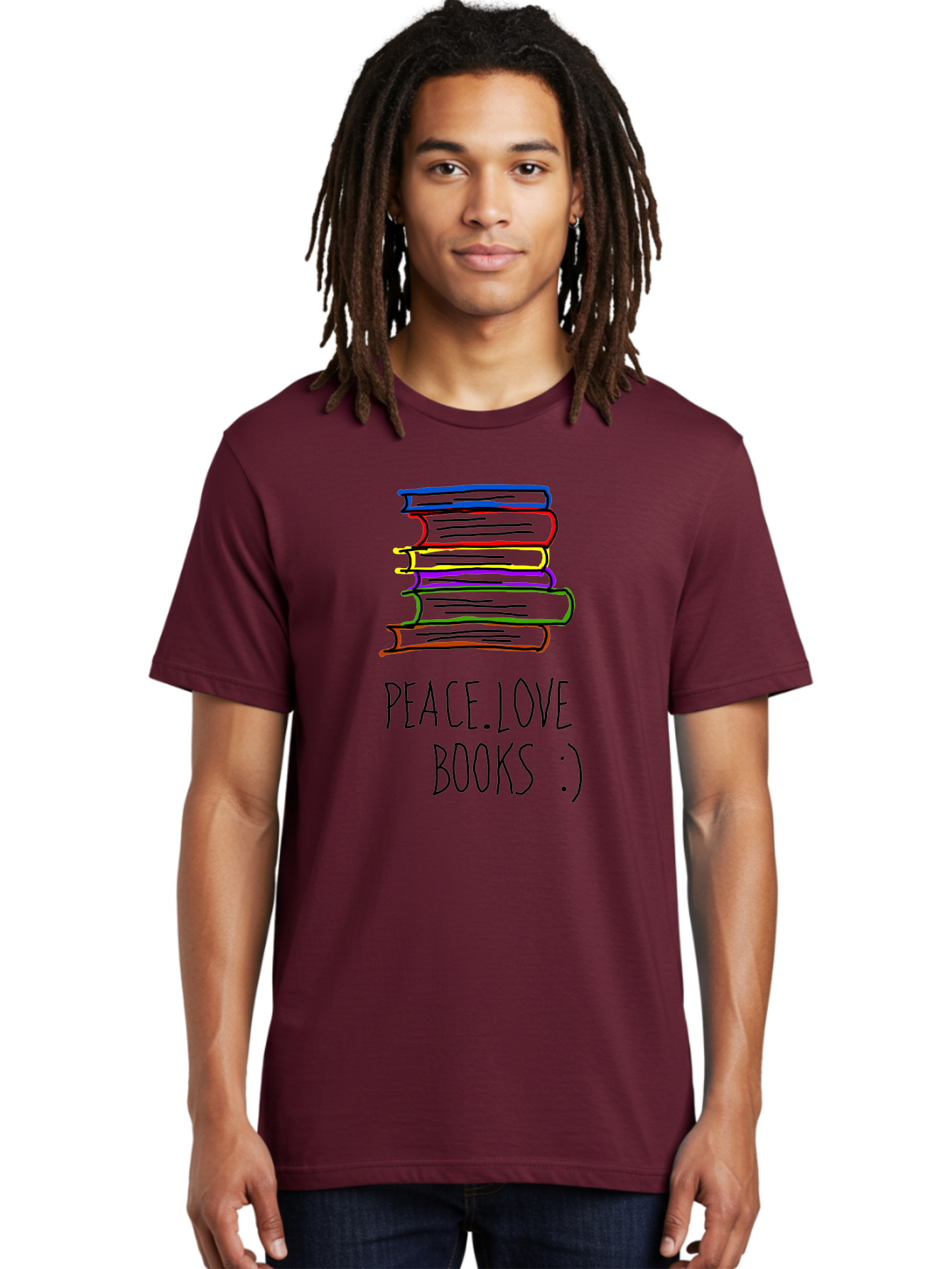 Peace-Love-Books Men'S Graphic Tee, 100% Cotton, Comfortable Casual Summer Wear, Machine Washable, Stack Of Books, Love For Reading, Peaceful Atmosphere, Inspirational Quote, Book Lovers, Reading Culture, Inspirational Message, - Aaa109