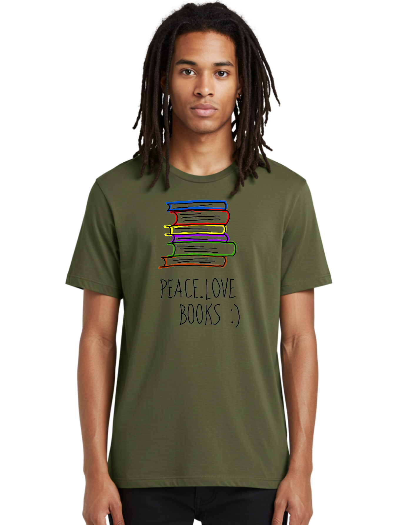 Peace-Love-Books Men'S Graphic Tee, 100% Cotton, Comfortable Casual Summer Wear, Machine Washable, Stack Of Books, Love For Reading, Peaceful Atmosphere, Inspirational Quote, Book Lovers, Reading Culture, Inspirational Message, - Aaa109