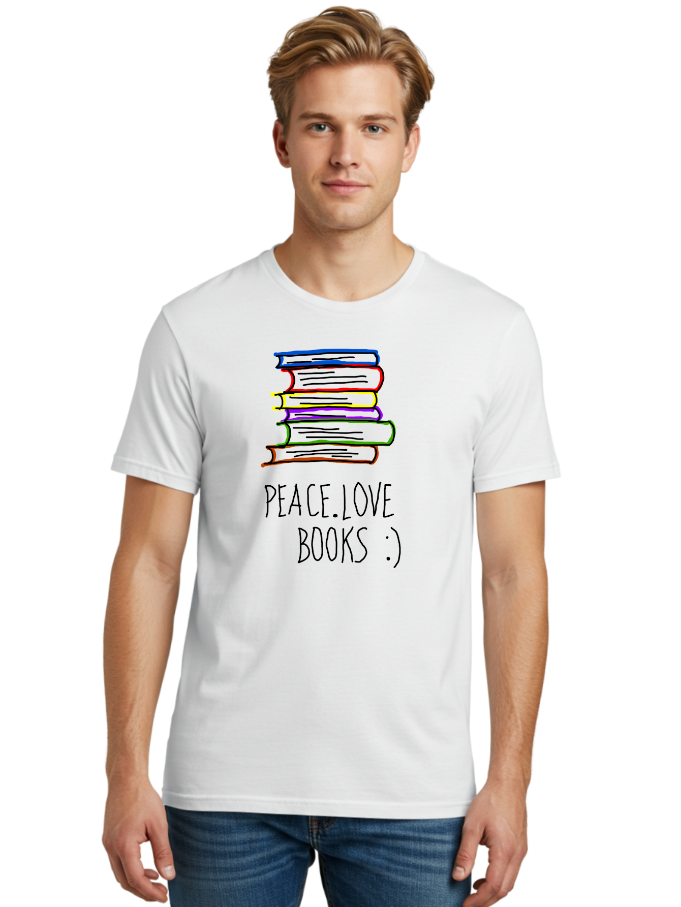 Peace-Love-Books Men'S Graphic Tee, 100% Cotton, Comfortable Casual Summer Wear, Machine Washable, Stack Of Books, Love For Reading, Peaceful Atmosphere, Inspirational Quote, Book Lovers, Reading Culture, Inspirational Message, - Aaa109