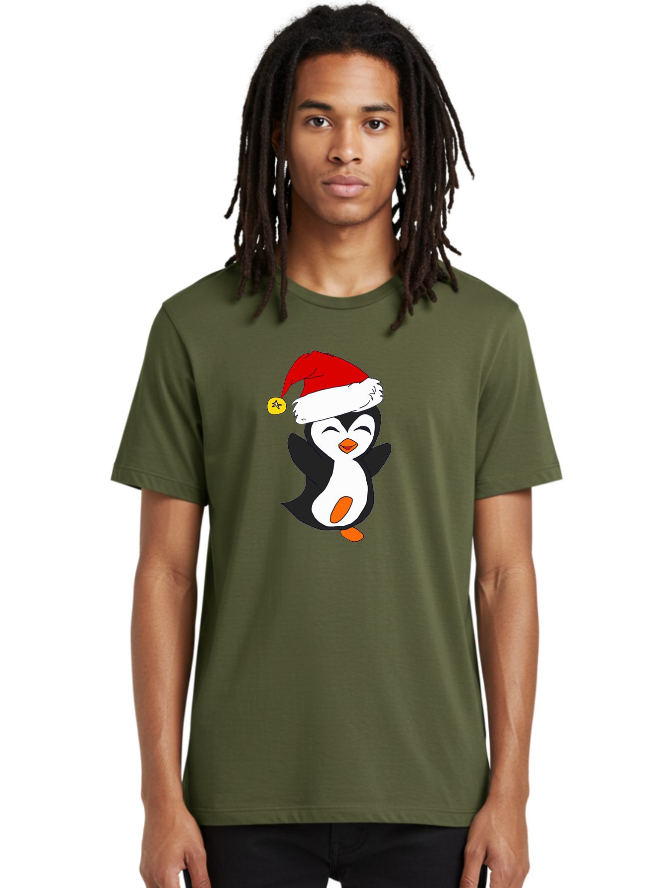 Penguin-With-Santa-Hat Men'S Graphic Tee, 100% Cotton, Comfortable Casual Summer Wear, Machine Washable, Cartoon Penguin, Santa Hat, Christmas Character, Festive Holiday, Cartoon Illustration, Winter Wonderland, Cute Animal, - Aaa110