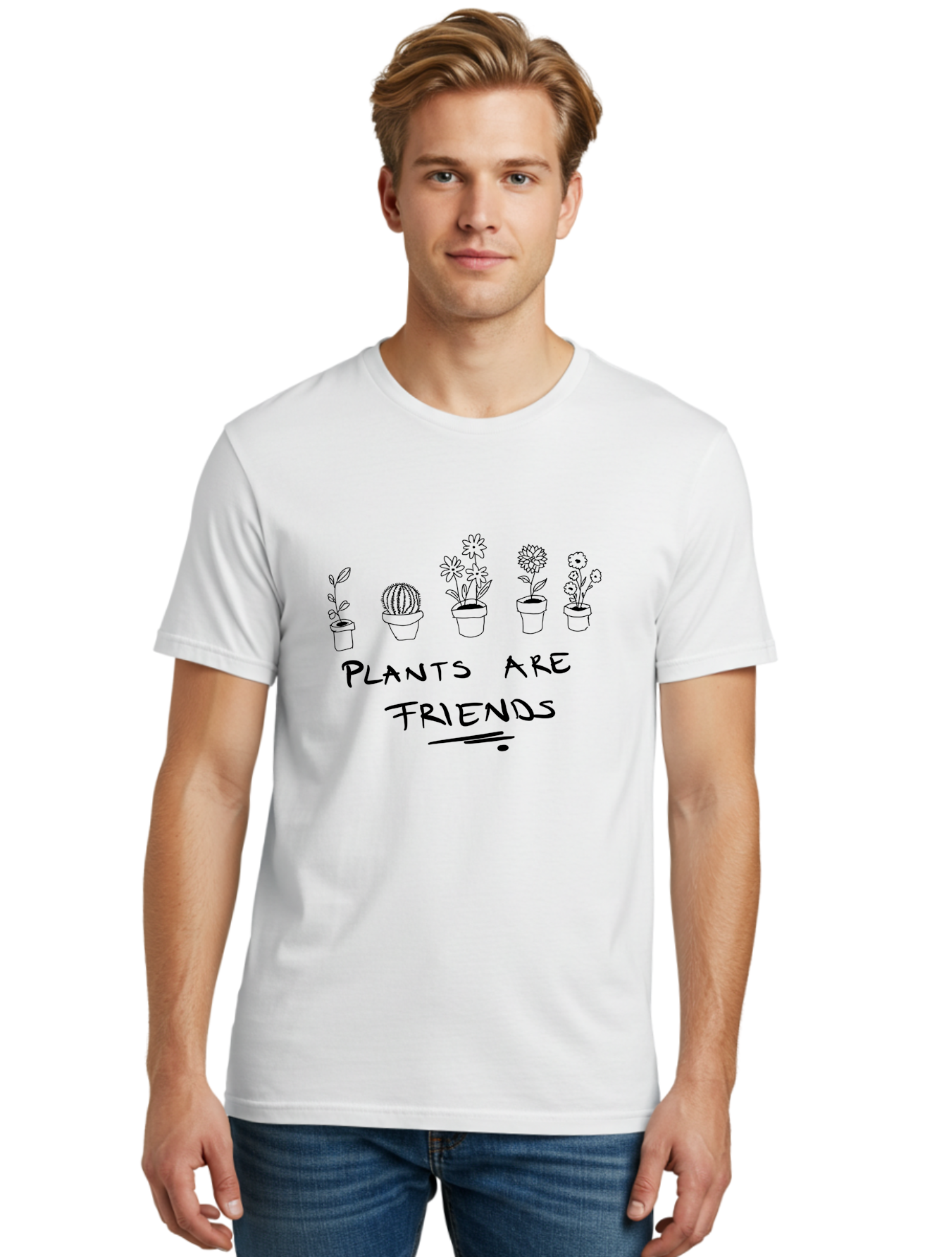 Plants-Are-Friends Men'S Graphic Tee, 100% Cotton, Comfortable Casual Summer Wear, Machine Washable, Potted Plants, Houseplants, Floral Arrangements, Botanical Art, Cactus, Friendship, Plant Love, Botanical Friends, Plant Appreciation - Aaa113