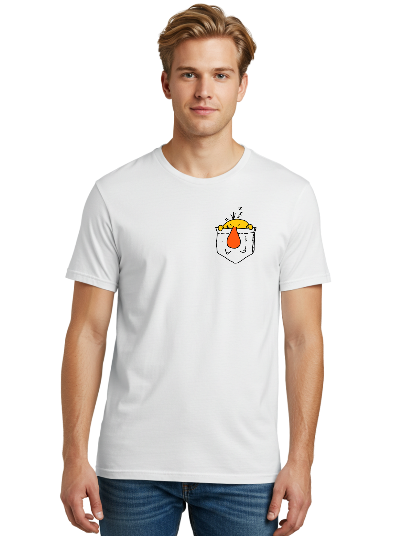 Pocket-Chicken Men'S Graphic Tee, 100% Cotton, Comfortable Casual Summer Wear, Machine Washable, Cartoon Chicken, Crying Face, Pocket Illustration, Orange Teardrop, Emotional Expression, Simple Doodle, Quirky Design, Funny Character - Aaa114