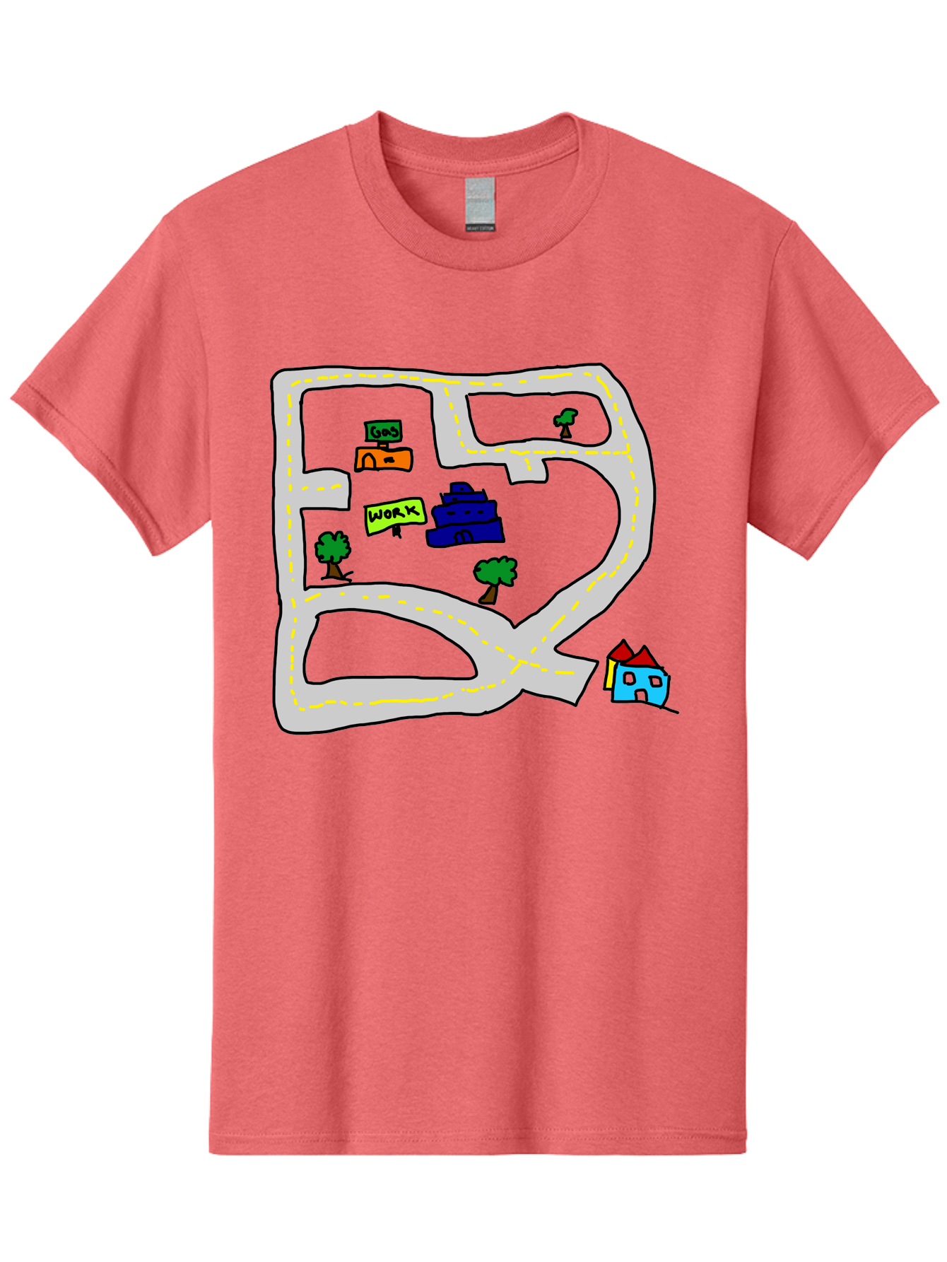 Road-Map Men'S Graphic Tee, 100% Cotton, Comfortable Casual Summer Wear, Machine Washable, Road To Work, Home Sweet Home, Daily Commute, Office Building, Daily Routine, Morning Journey - Aaa116