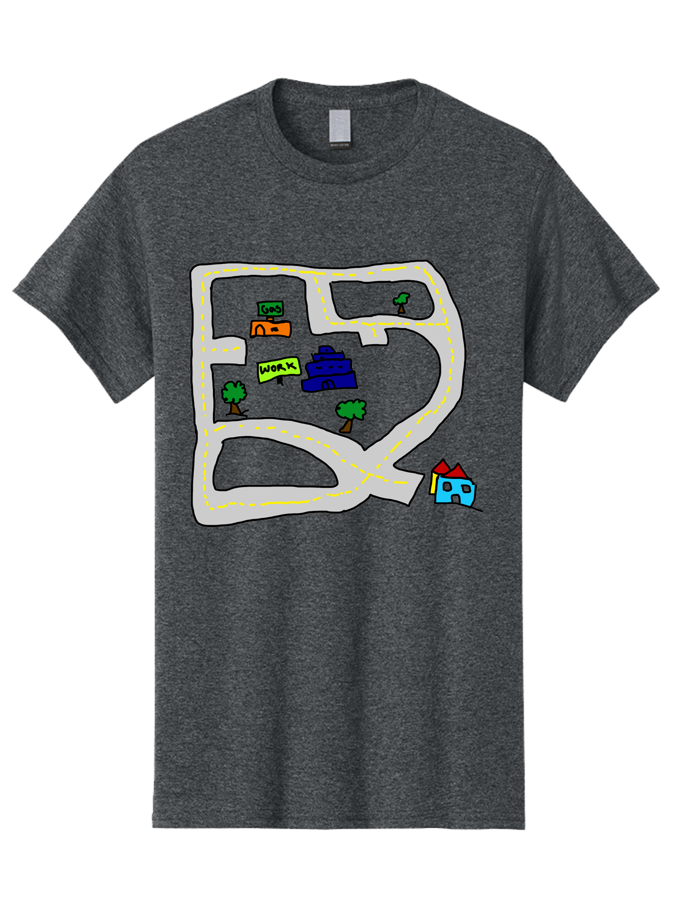 Road-Map Men'S Graphic Tee, 100% Cotton, Comfortable Casual Summer Wear, Machine Washable, Road To Work, Home Sweet Home, Daily Commute, Office Building, Daily Routine, Morning Journey - Aaa116