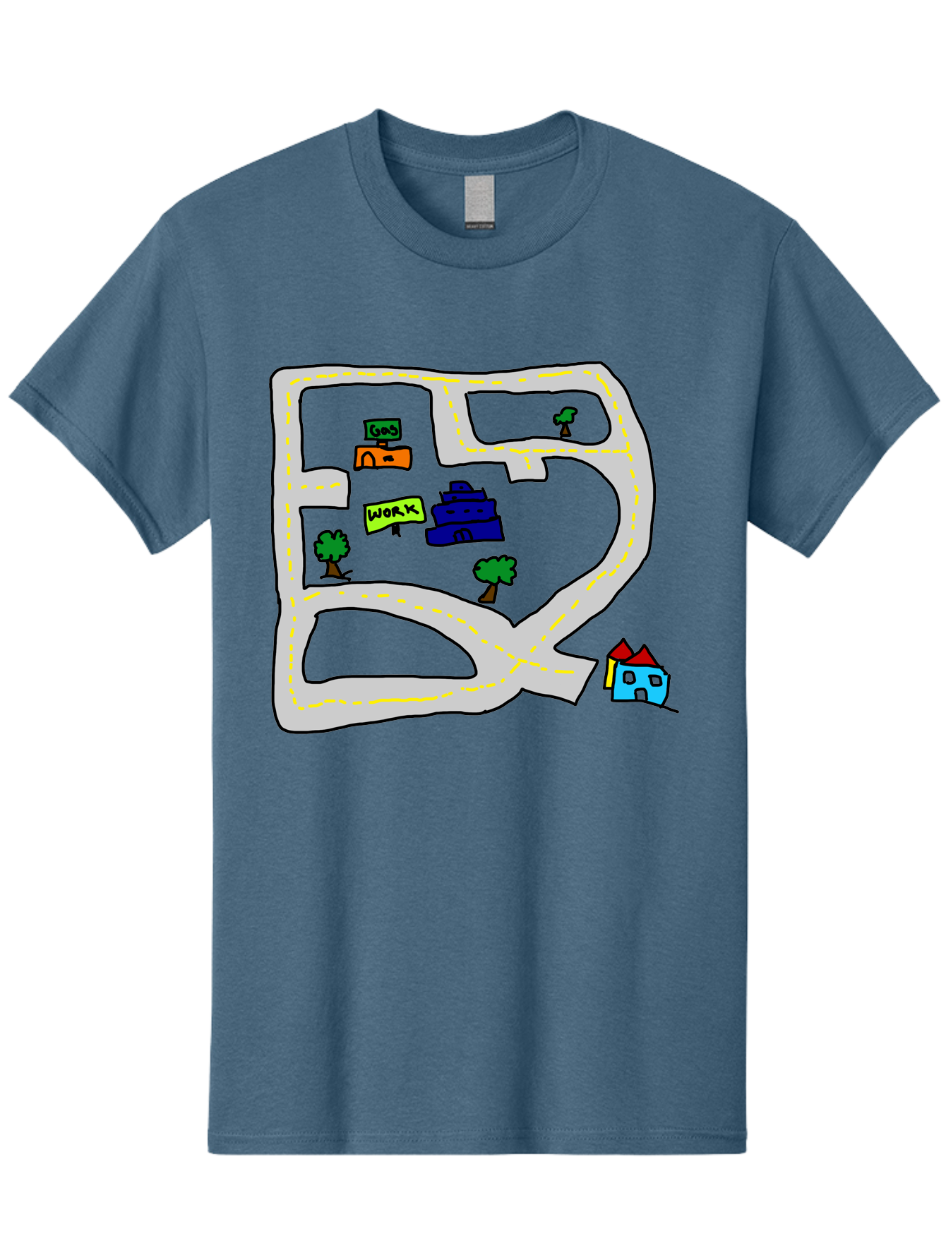 Road-Map Men'S Graphic Tee, 100% Cotton, Comfortable Casual Summer Wear, Machine Washable, Road To Work, Home Sweet Home, Daily Commute, Office Building, Daily Routine, Morning Journey - Aaa116