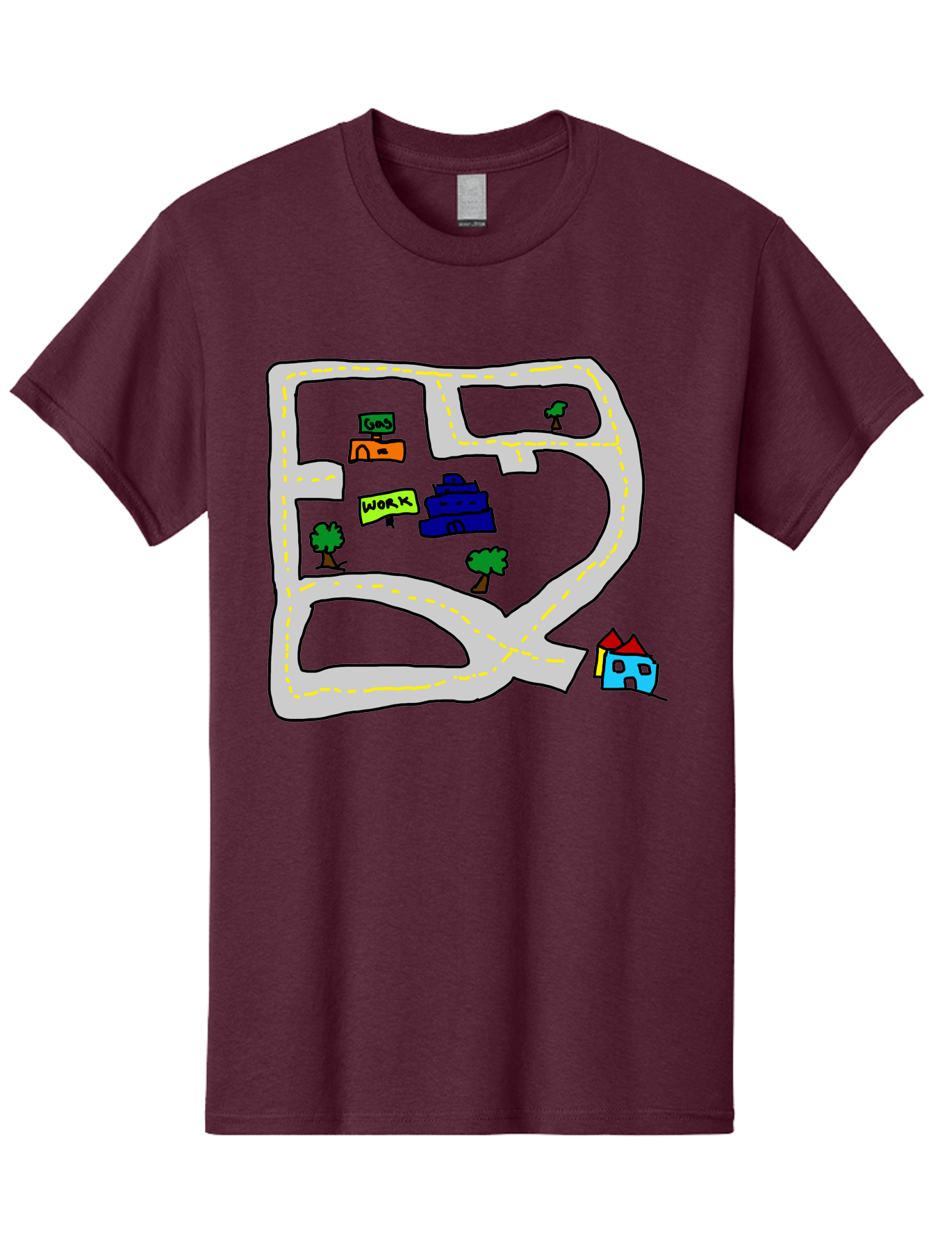 Road-Map Men'S Graphic Tee, 100% Cotton, Comfortable Casual Summer Wear, Machine Washable, Road To Work, Home Sweet Home, Daily Commute, Office Building, Daily Routine, Morning Journey - Aaa116