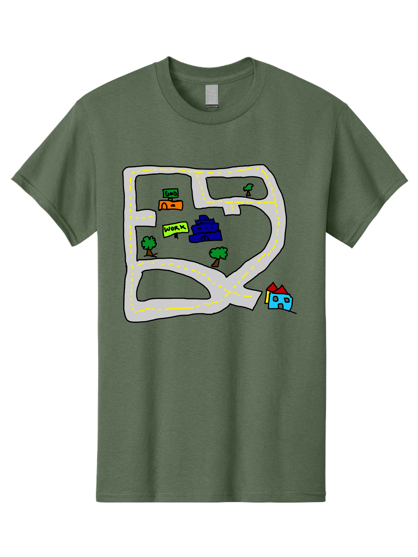 Road-Map Men'S Graphic Tee, 100% Cotton, Comfortable Casual Summer Wear, Machine Washable, Road To Work, Home Sweet Home, Daily Commute, Office Building, Daily Routine, Morning Journey - Aaa116