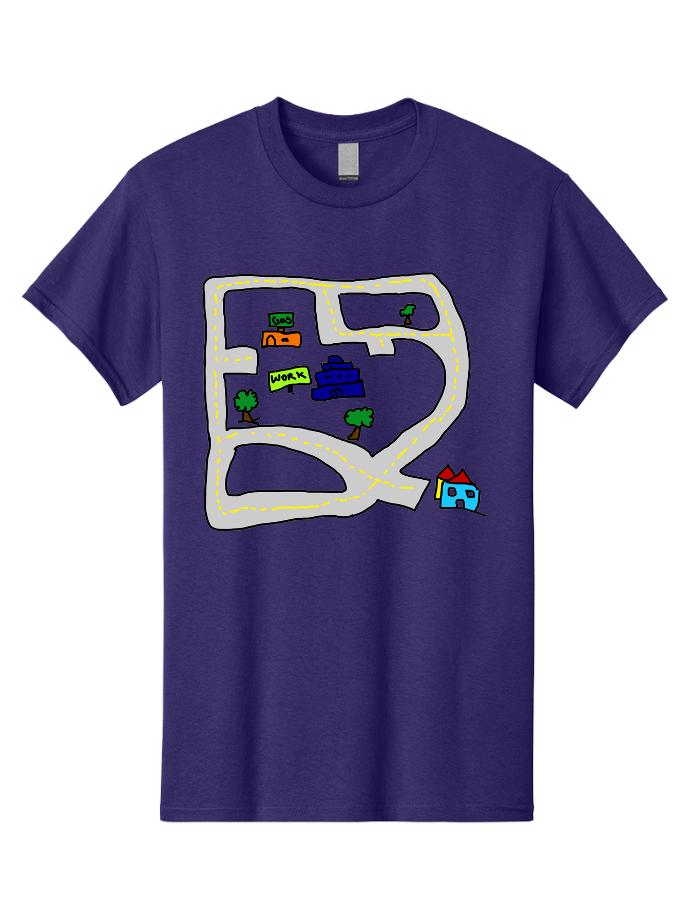 Road-Map Men'S Graphic Tee, 100% Cotton, Comfortable Casual Summer Wear, Machine Washable, Road To Work, Home Sweet Home, Daily Commute, Office Building, Daily Routine, Morning Journey - Aaa116