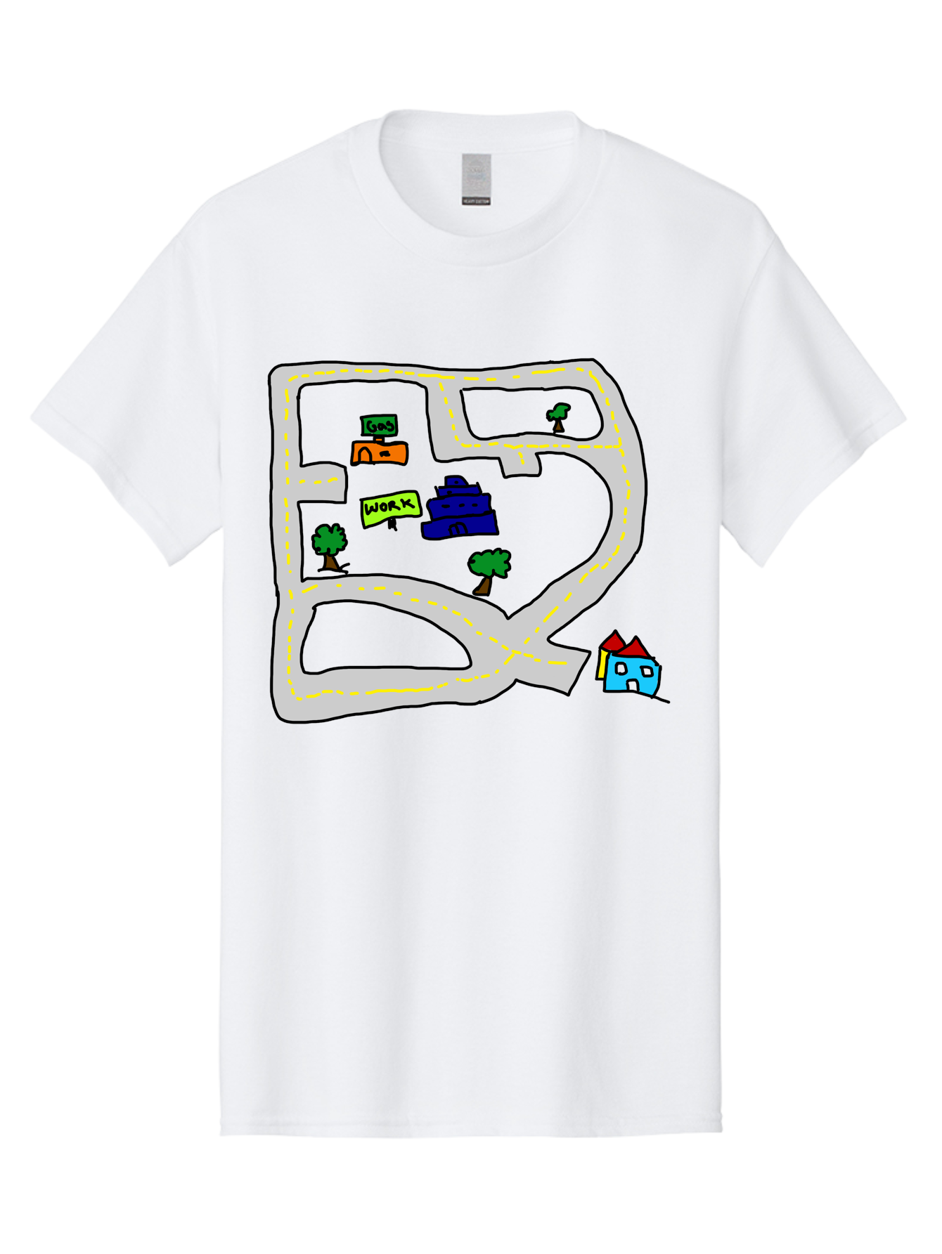 Road-Map Men'S Graphic Tee, 100% Cotton, Comfortable Casual Summer Wear, Machine Washable, Road To Work, Home Sweet Home, Daily Commute, Office Building, Daily Routine, Morning Journey - Aaa116