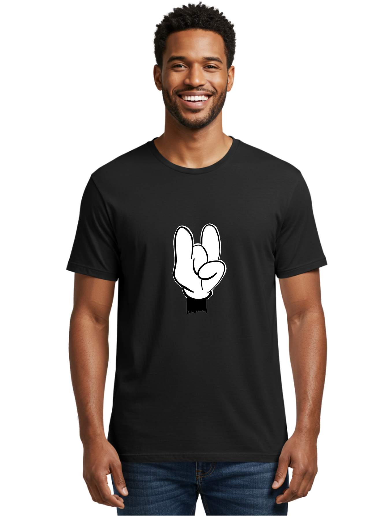 Rock-On-Hand Men'S Graphic Tee, 100% Cotton, Comfortable Casual Summer Wear, Machine Washable, Hand Gesture, Peace Sign, Cartoon Illustration, White Hand, Black Sleeve, Simple Design, Symbol Of Peace, Illustration Art, Graphic Design - Aaa117