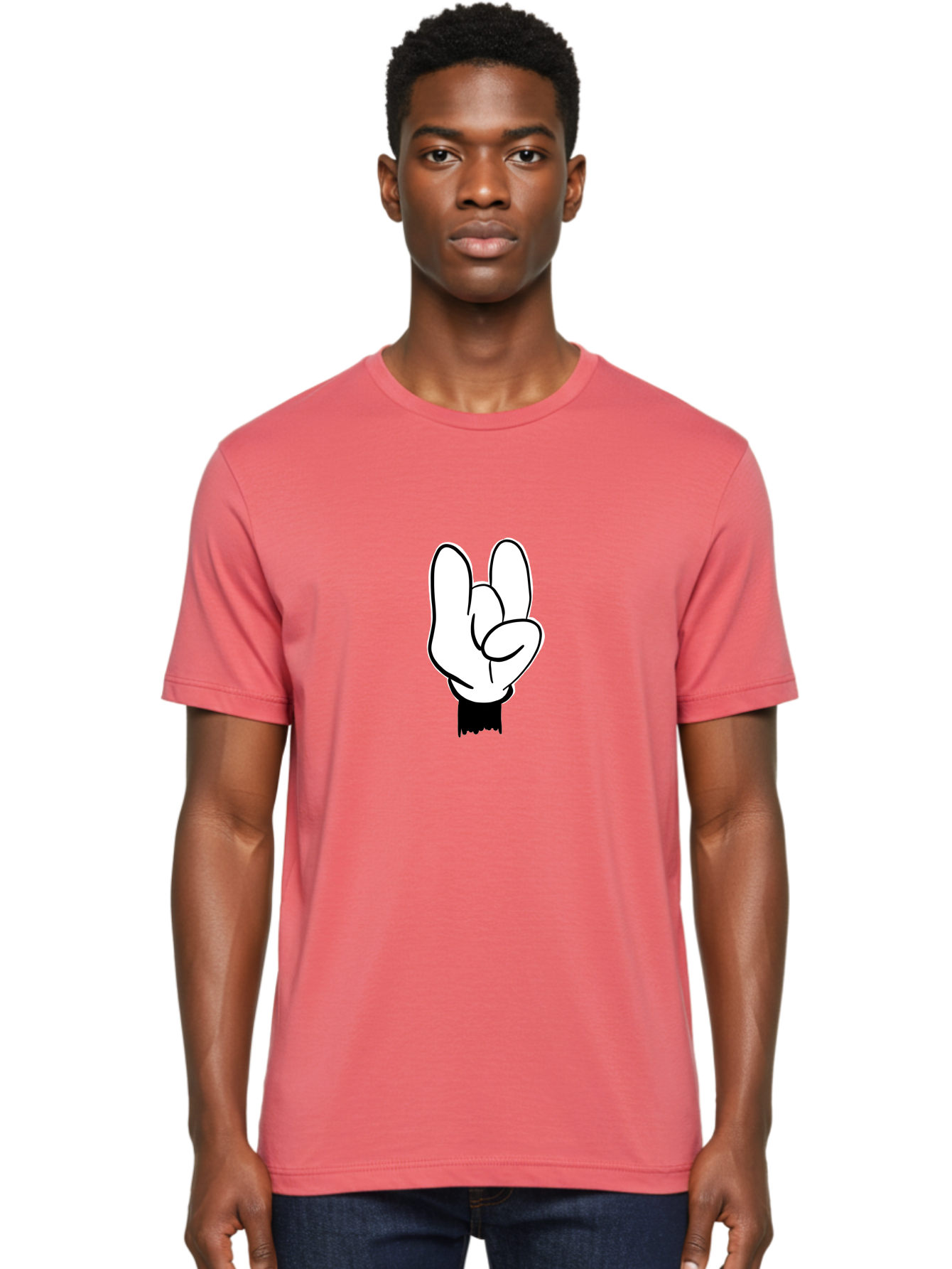 Rock-On-Hand Men'S Graphic Tee, 100% Cotton, Comfortable Casual Summer Wear, Machine Washable, Hand Gesture, Peace Sign, Cartoon Illustration, White Hand, Black Sleeve, Simple Design, Symbol Of Peace, Illustration Art, Graphic Design - Aaa117