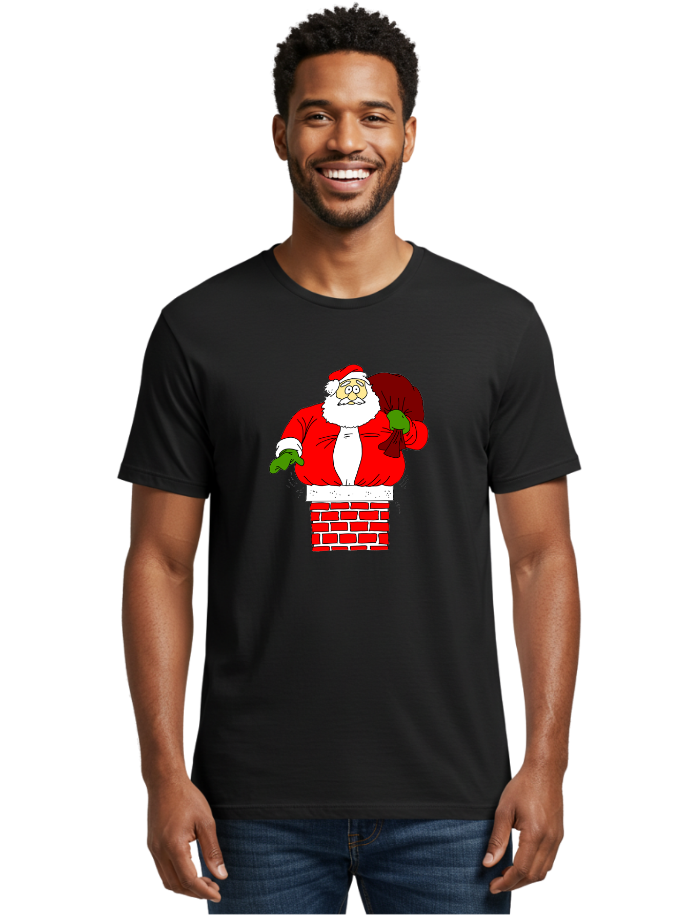 Santa-Claus Men'S Graphic Tee, 100% Cotton, Comfortable Casual Summer Wear, Machine Washable, Santa Claus Emerging From A Chimney, Christmas Magic, Festive Season, Holiday Cheer, Jolly Old Man, Gift Giving, Red Suit, White Beard, - Aaa118