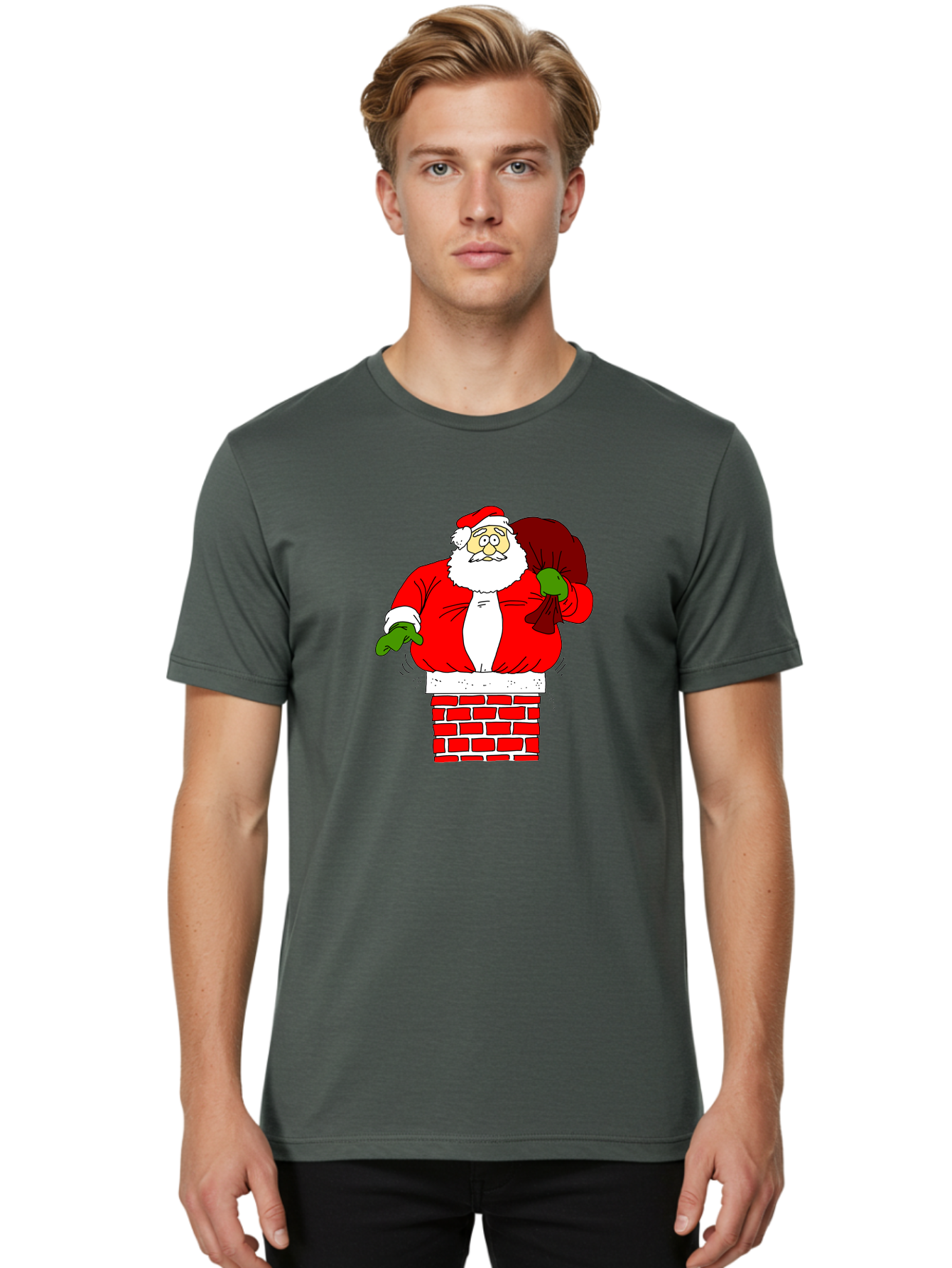 Santa-Claus Men'S Graphic Tee, 100% Cotton, Comfortable Casual Summer Wear, Machine Washable, Santa Claus Emerging From A Chimney, Christmas Magic, Festive Season, Holiday Cheer, Jolly Old Man, Gift Giving, Red Suit, White Beard, - Aaa118