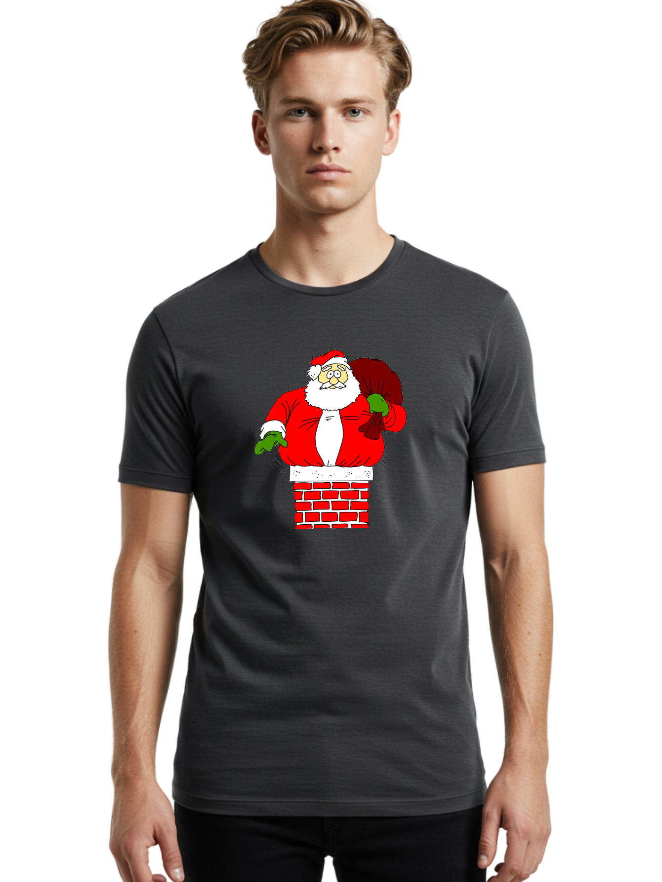Santa-Claus Men'S Graphic Tee, 100% Cotton, Comfortable Casual Summer Wear, Machine Washable, Santa Claus Emerging From A Chimney, Christmas Magic, Festive Season, Holiday Cheer, Jolly Old Man, Gift Giving, Red Suit, White Beard, - Aaa118