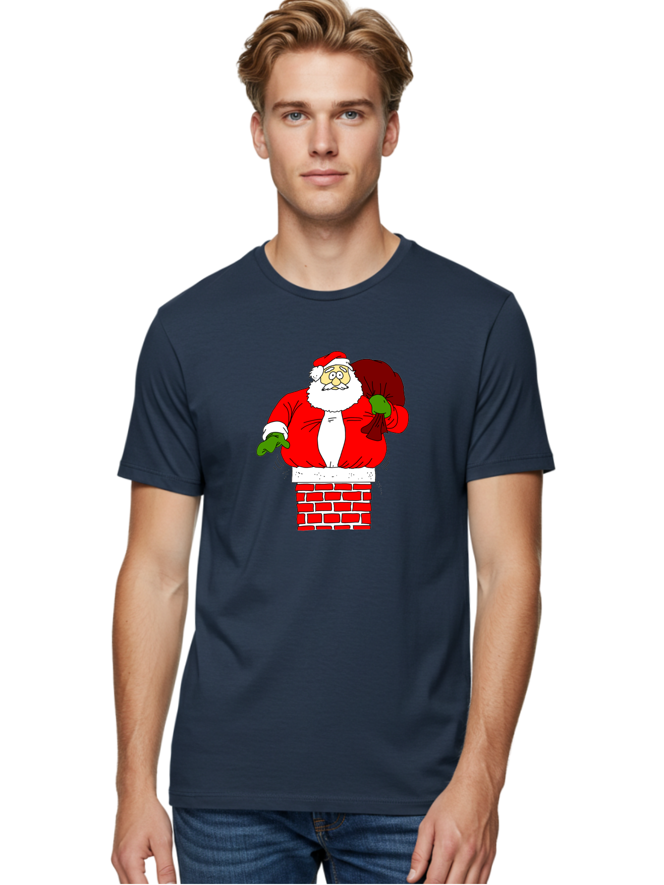 Santa-Claus Men'S Graphic Tee, 100% Cotton, Comfortable Casual Summer Wear, Machine Washable, Santa Claus Emerging From A Chimney, Christmas Magic, Festive Season, Holiday Cheer, Jolly Old Man, Gift Giving, Red Suit, White Beard, - Aaa118