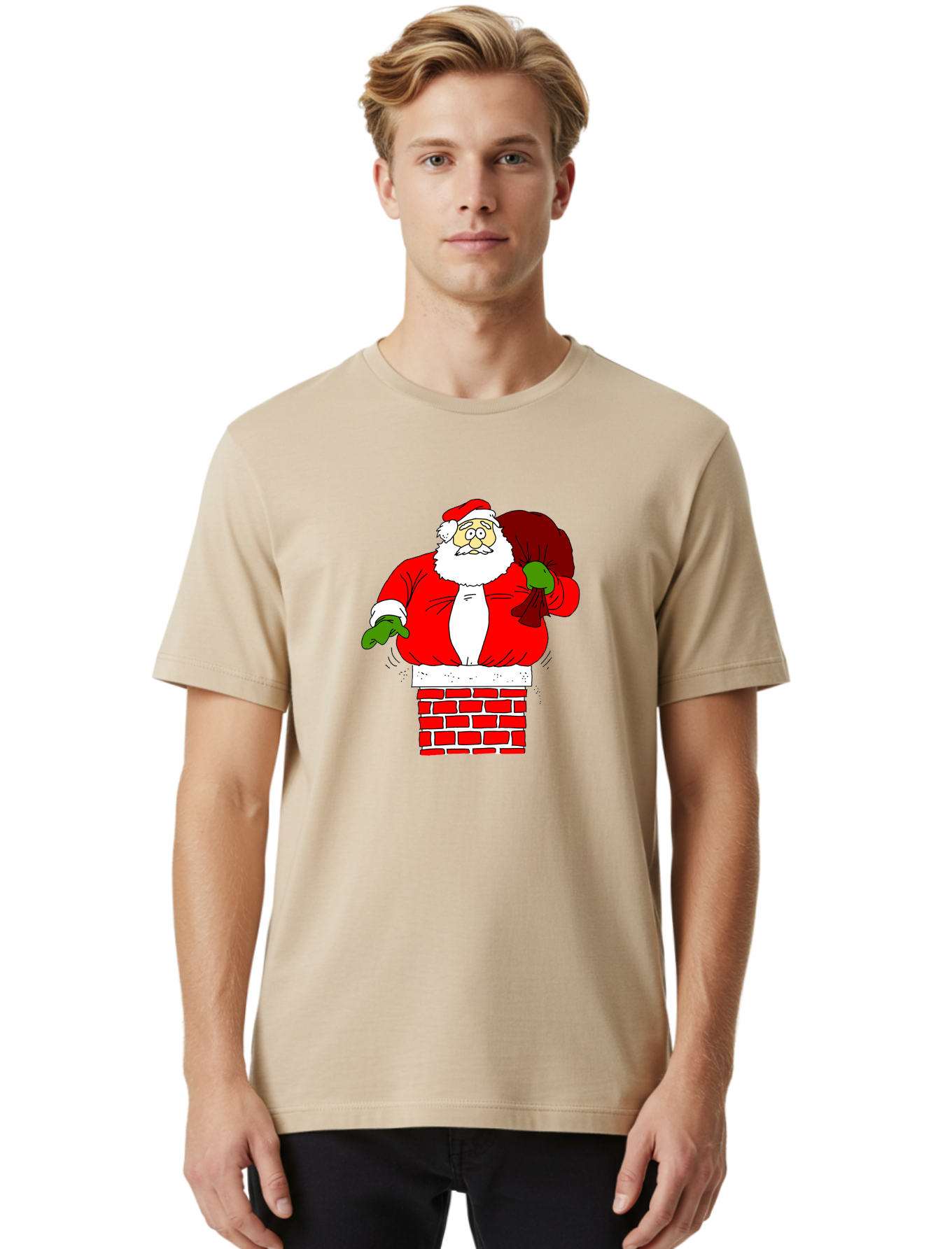 Santa-Claus Men'S Graphic Tee, 100% Cotton, Comfortable Casual Summer Wear, Machine Washable, Santa Claus Emerging From A Chimney, Christmas Magic, Festive Season, Holiday Cheer, Jolly Old Man, Gift Giving, Red Suit, White Beard, - Aaa118