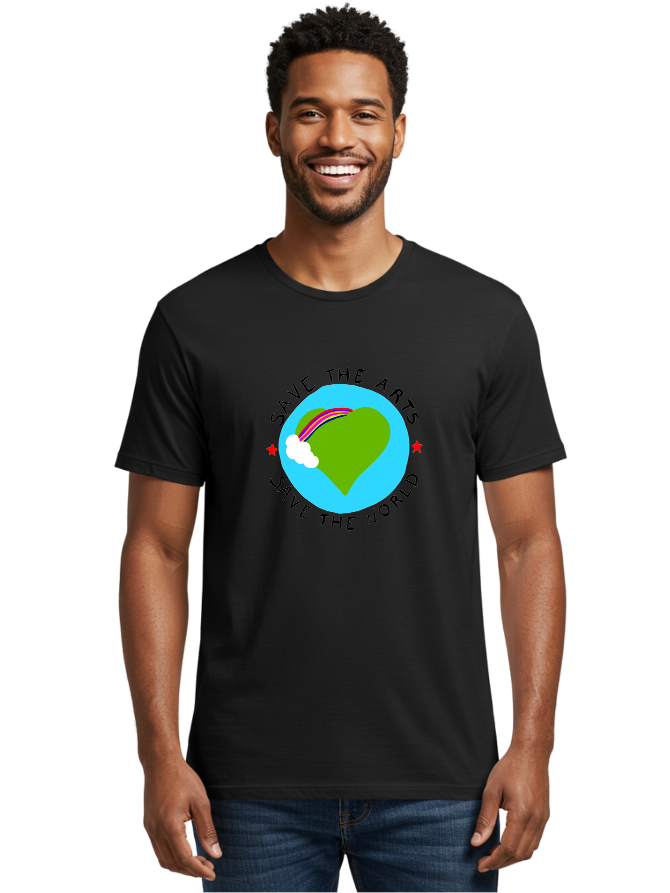 Save-The-Arts-Save-The-World Men'S Graphic Tee, 100% Cotton, Comfortable Casual Summer Wear, Machine Washable, Heart-Shaped Earth, Rainbow, Cloud, Save The Arts, Save The World, Creative Expression, Artistic Activism, - Aaa120