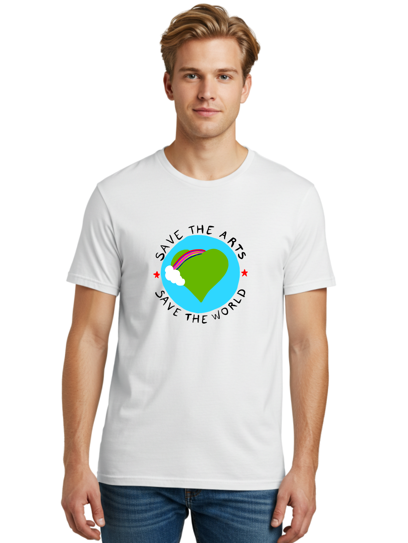 Save-The-Arts-Save-The-World Men'S Graphic Tee, 100% Cotton, Comfortable Casual Summer Wear, Machine Washable, Heart-Shaped Earth, Rainbow, Cloud, Save The Arts, Save The World, Creative Expression, Artistic Activism, - Aaa120
