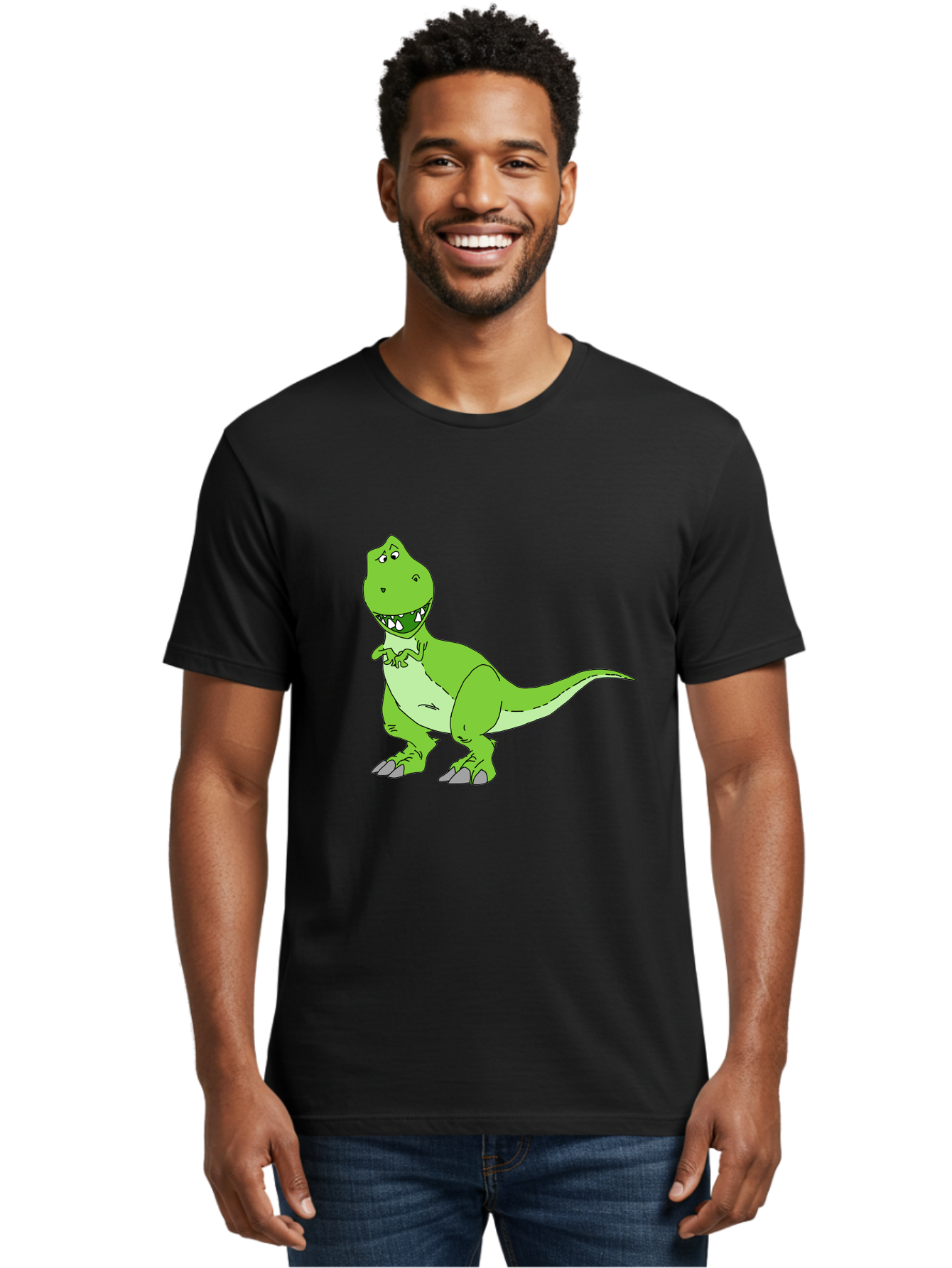 T-Rex Men'S Graphic Tee, 100% Cotton, Comfortable Casual Summer Wear, Machine Washable, Cartoon T-Rex, Green Dinosaur, Prehistoric Creature, Toothy Grin, Playful Expression, Dinosaur Illustration, Children'S Character, Fun And Friendly, - Aaa128