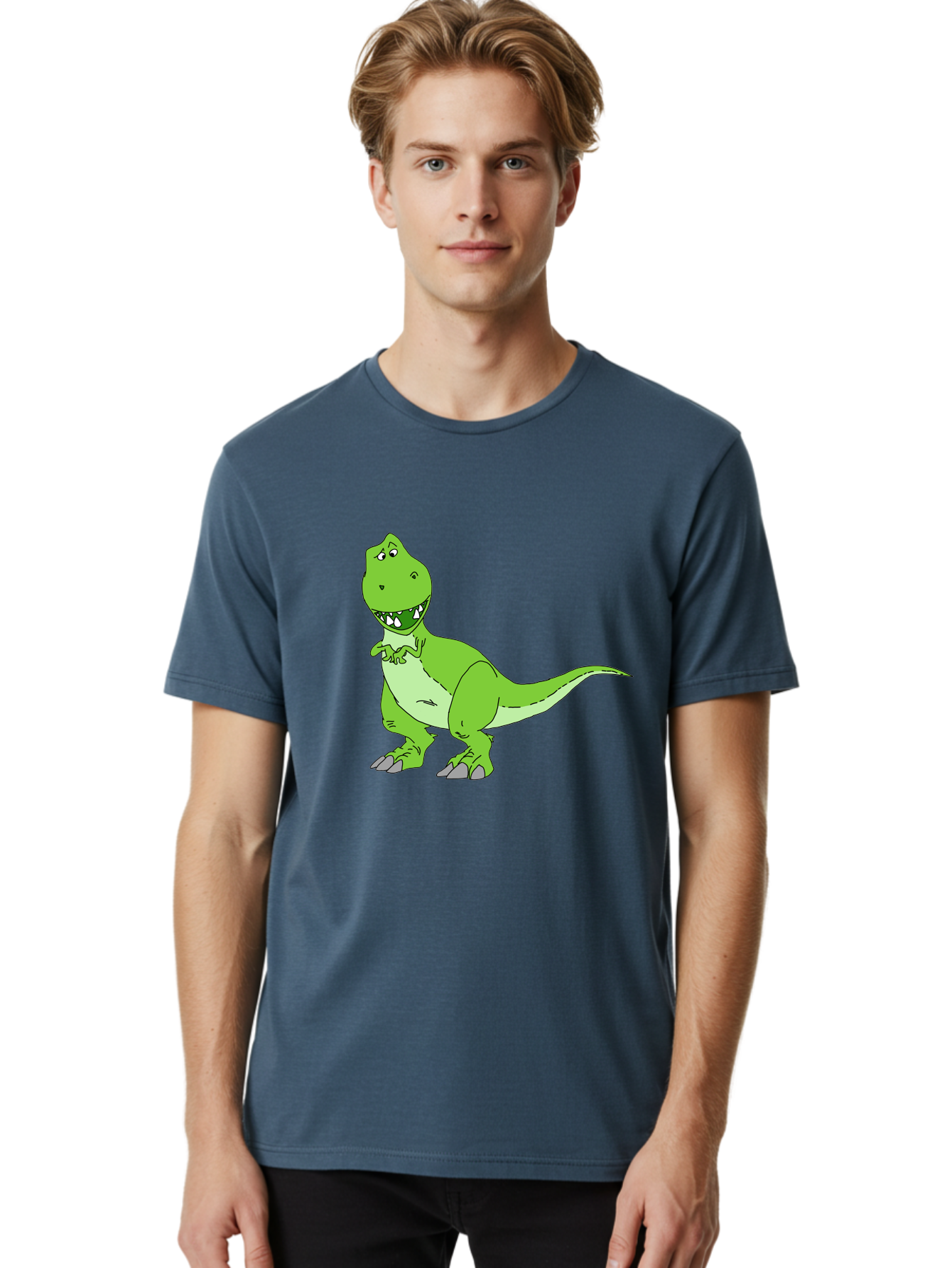 T-Rex Men'S Graphic Tee, 100% Cotton, Comfortable Casual Summer Wear, Machine Washable, Cartoon T-Rex, Green Dinosaur, Prehistoric Creature, Toothy Grin, Playful Expression, Dinosaur Illustration, Children'S Character, Fun And Friendly, - Aaa128