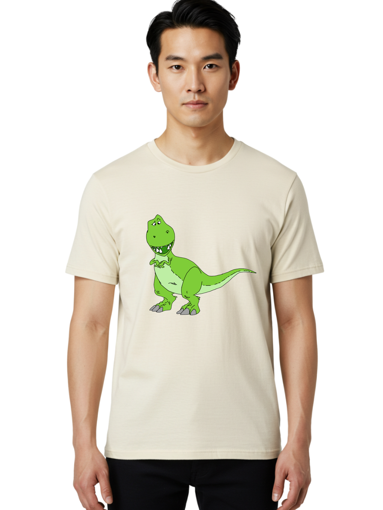 T-Rex Men'S Graphic Tee, 100% Cotton, Comfortable Casual Summer Wear, Machine Washable, Cartoon T-Rex, Green Dinosaur, Prehistoric Creature, Toothy Grin, Playful Expression, Dinosaur Illustration, Children'S Character, Fun And Friendly, - Aaa128
