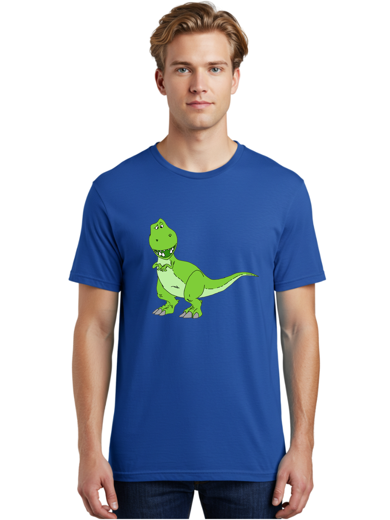 T-Rex Men'S Graphic Tee, 100% Cotton, Comfortable Casual Summer Wear, Machine Washable, Cartoon T-Rex, Green Dinosaur, Prehistoric Creature, Toothy Grin, Playful Expression, Dinosaur Illustration, Children'S Character, Fun And Friendly, - Aaa128