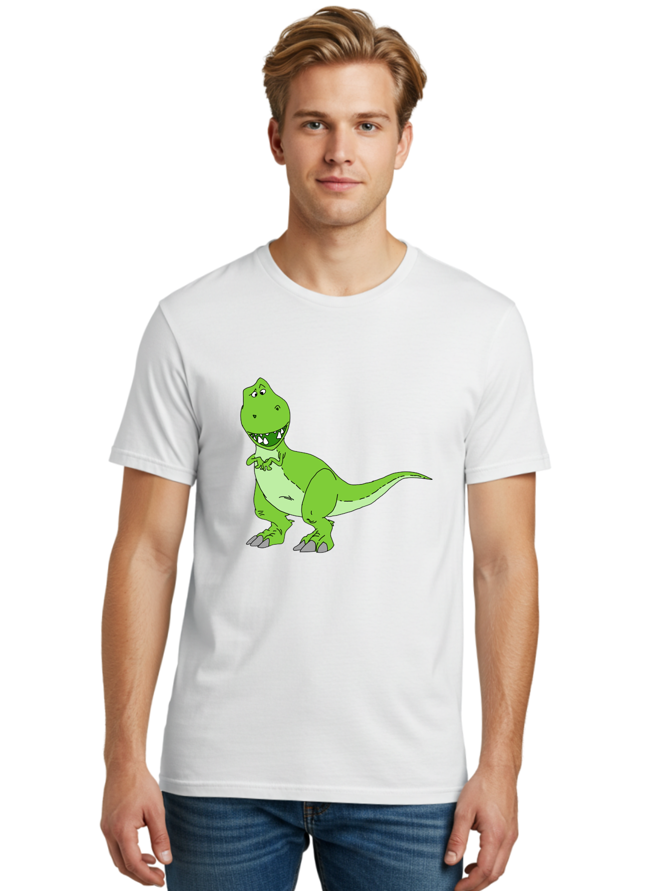 T-Rex Men'S Graphic Tee, 100% Cotton, Comfortable Casual Summer Wear, Machine Washable, Cartoon T-Rex, Green Dinosaur, Prehistoric Creature, Toothy Grin, Playful Expression, Dinosaur Illustration, Children'S Character, Fun And Friendly, - Aaa128
