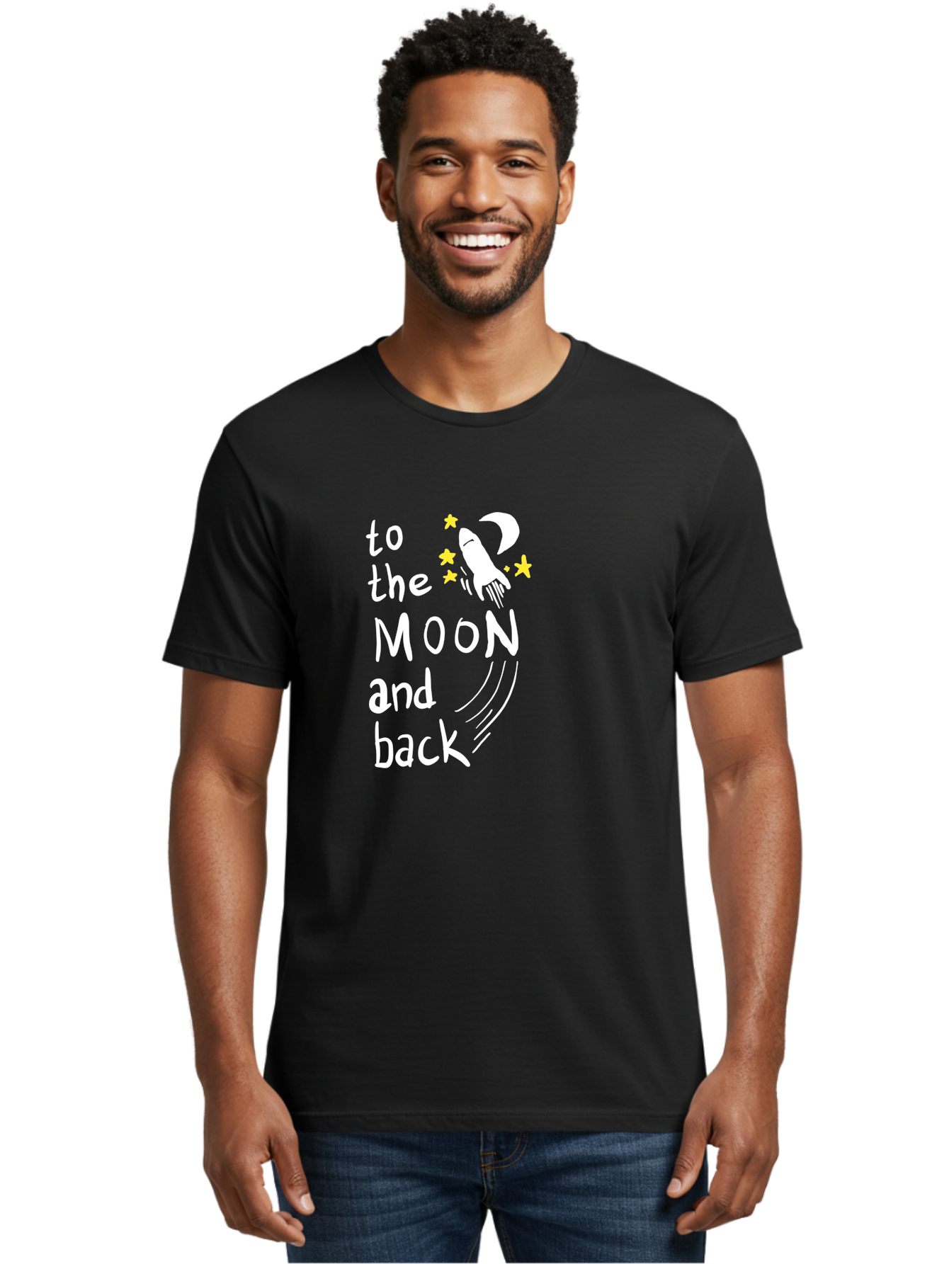 To-The-Moon-And-Back Men'S Graphic Tee, 100% Cotton, Comfortable Casual Summer Wear, Machine Washable, Space Travel, Rocket Ship, Moon Adventure, Love Phrase, Starry Night, Celestial Journey, Quirky Typography, Whimsical Illustration - Aaa134