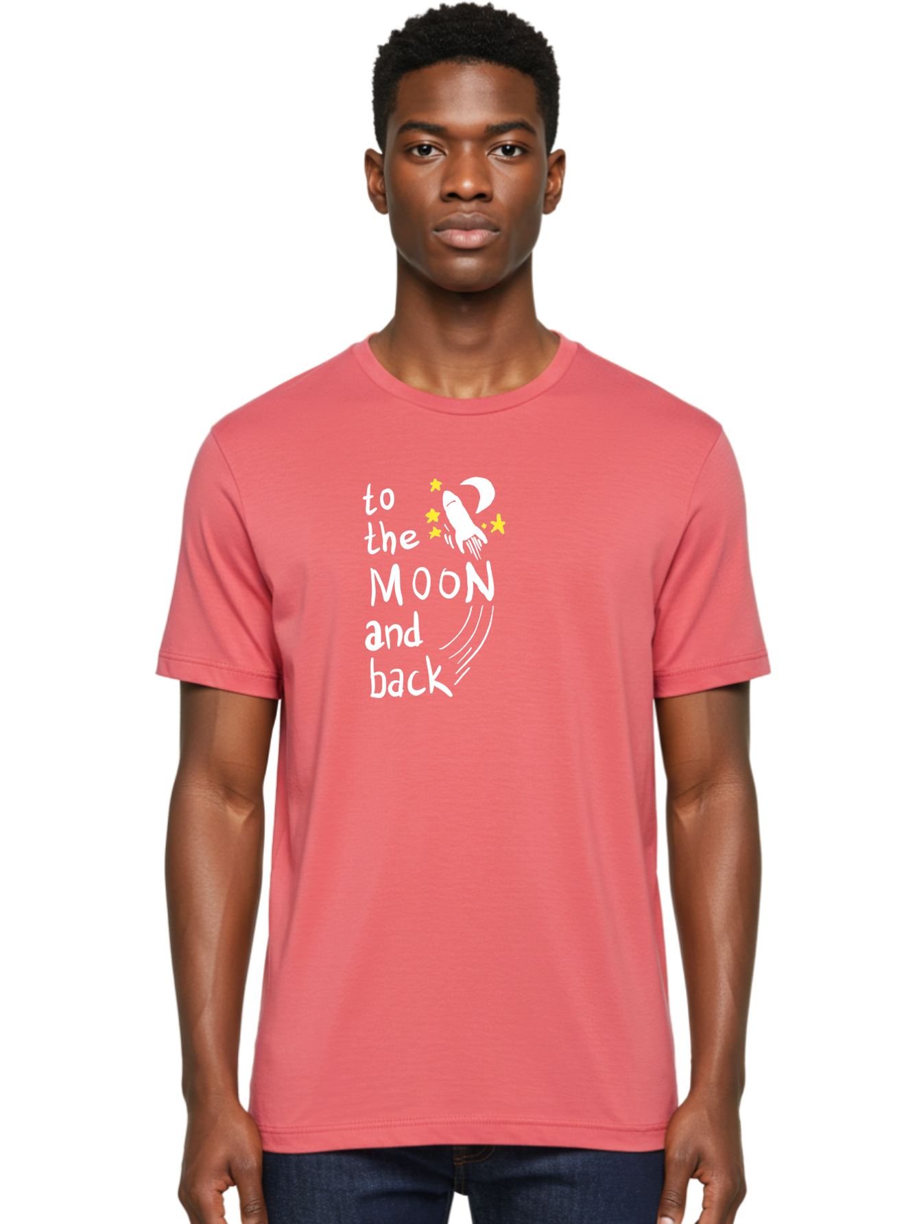 To-The-Moon-And-Back Men'S Graphic Tee, 100% Cotton, Comfortable Casual Summer Wear, Machine Washable, Space Travel, Rocket Ship, Moon Adventure, Love Phrase, Starry Night, Celestial Journey, Quirky Typography, Whimsical Illustration - Aaa134