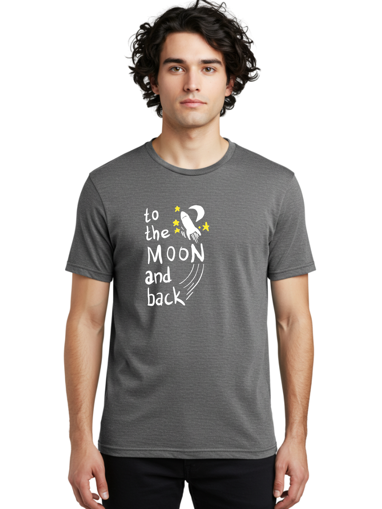 To-The-Moon-And-Back Men'S Graphic Tee, 100% Cotton, Comfortable Casual Summer Wear, Machine Washable, Space Travel, Rocket Ship, Moon Adventure, Love Phrase, Starry Night, Celestial Journey, Quirky Typography, Whimsical Illustration - Aaa134