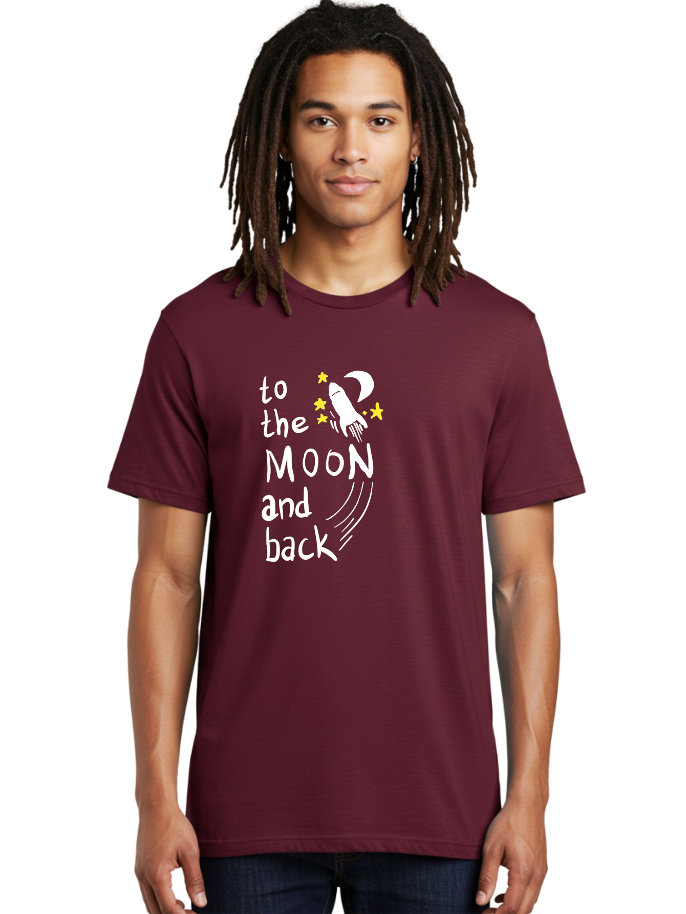 To-The-Moon-And-Back Men'S Graphic Tee, 100% Cotton, Comfortable Casual Summer Wear, Machine Washable, Space Travel, Rocket Ship, Moon Adventure, Love Phrase, Starry Night, Celestial Journey, Quirky Typography, Whimsical Illustration - Aaa134