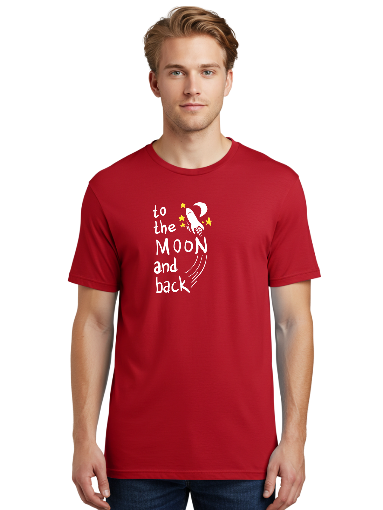To-The-Moon-And-Back Men'S Graphic Tee, 100% Cotton, Comfortable Casual Summer Wear, Machine Washable, Space Travel, Rocket Ship, Moon Adventure, Love Phrase, Starry Night, Celestial Journey, Quirky Typography, Whimsical Illustration - Aaa134