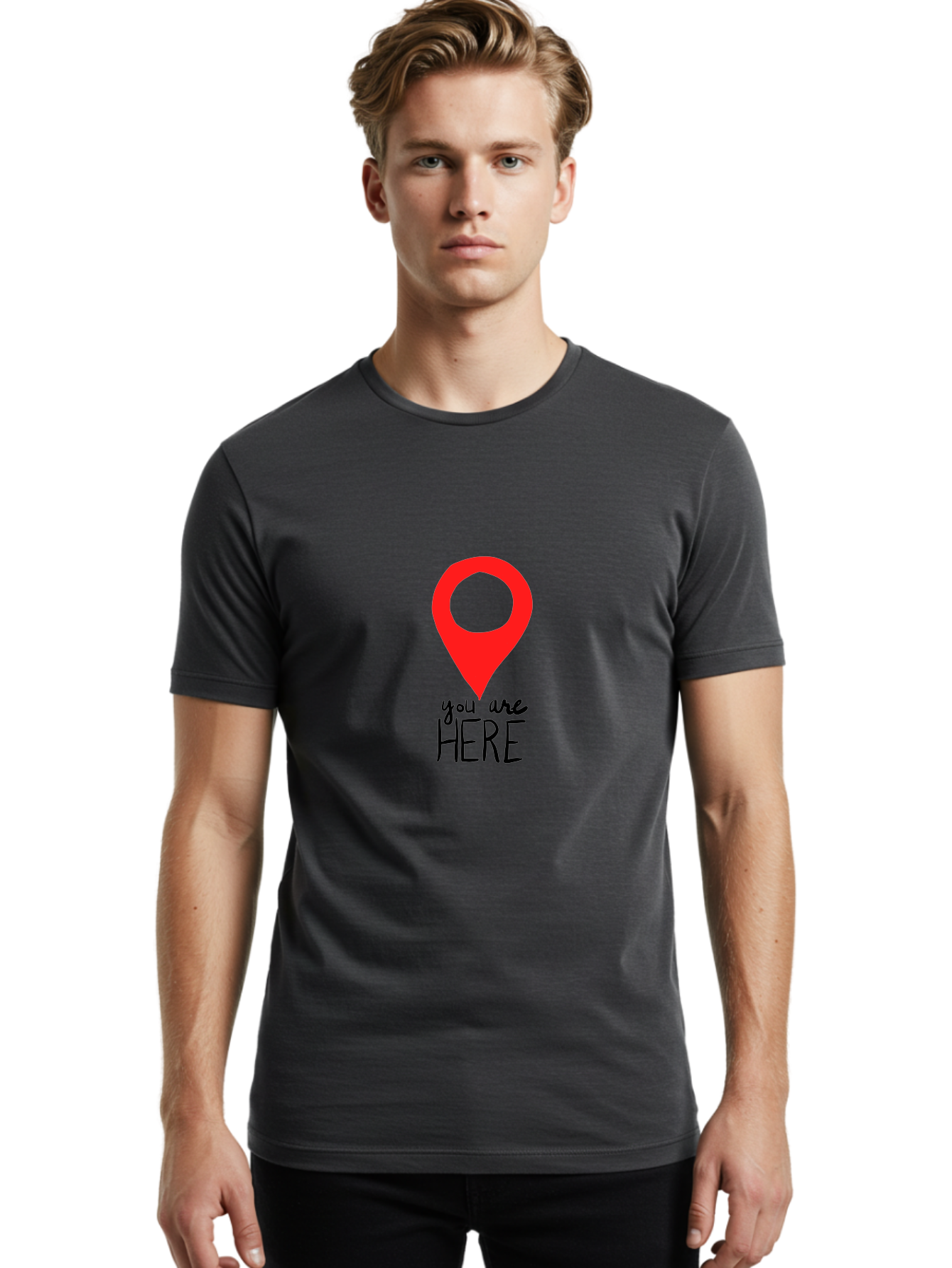 You-Are-Here Men'S Graphic Tee, 100% Cotton, Comfortable Casual Summer Wear, Machine Washable, Map Pin, Location Marker, Navigation Symbol, Gps Indicator, Direction Pointer, Red Icon, Black Text, You Are Here Sign - Aaa147