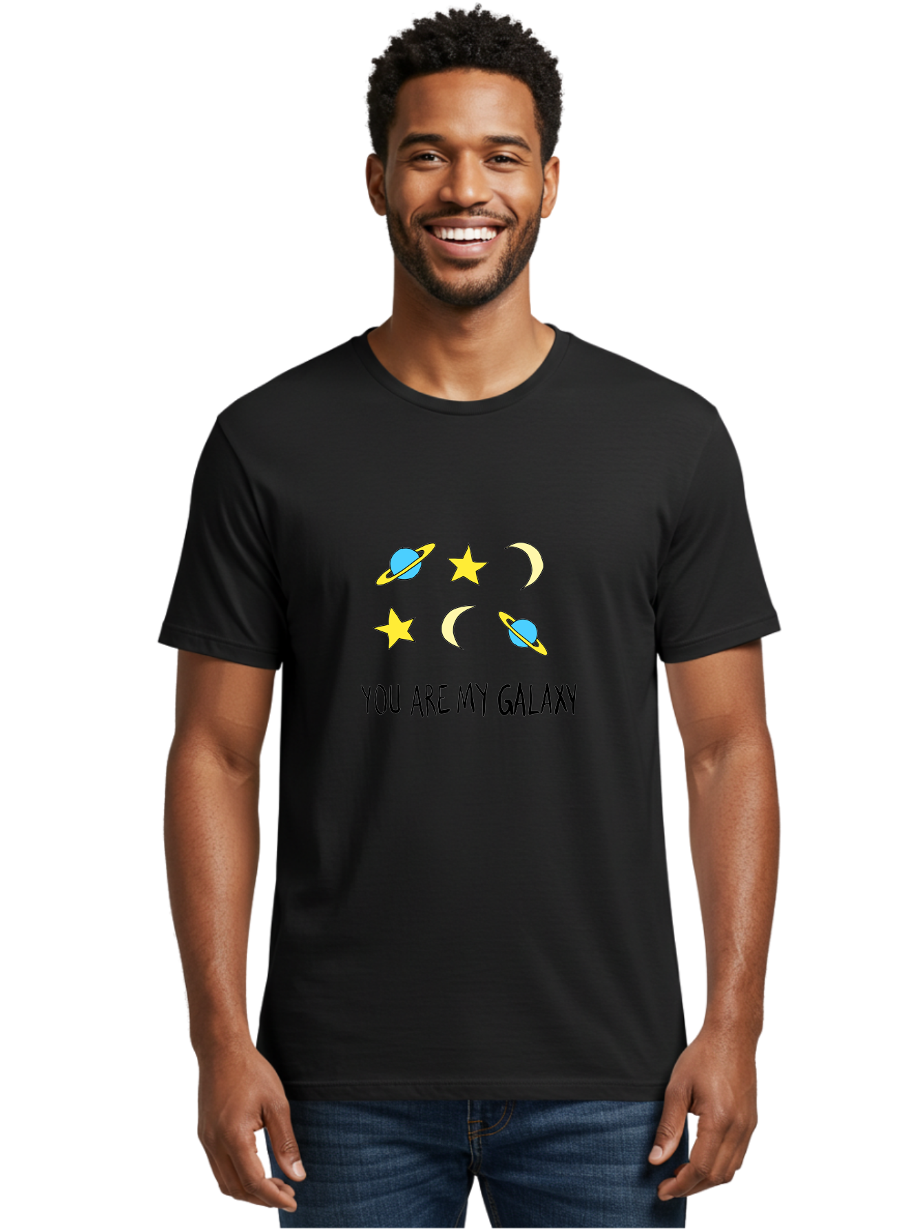 You-Are-My-Galaxy Men'S Graphic Tee, 100% Cotton, Comfortable Casual Summer Wear, Machine Washable, Galaxy Illustration, Celestial Bodies, Stars, Planets, Moons, Romantic Quote, Love Message, Cartoon Graphics, Whimsical Design, Space Theme, - Aaa148
