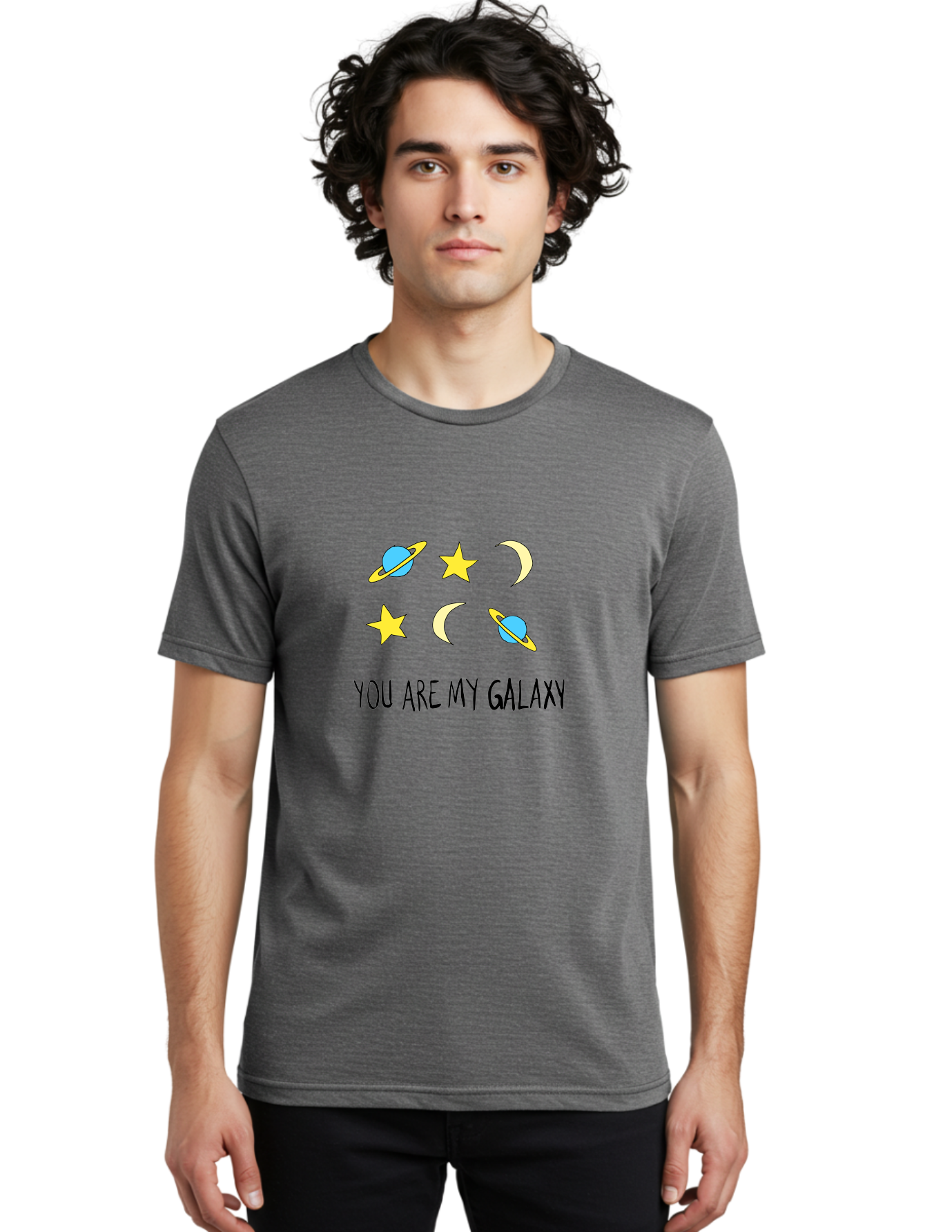 You-Are-My-Galaxy Men'S Graphic Tee, 100% Cotton, Comfortable Casual Summer Wear, Machine Washable, Galaxy Illustration, Celestial Bodies, Stars, Planets, Moons, Romantic Quote, Love Message, Cartoon Graphics, Whimsical Design, Space Theme, - Aaa148