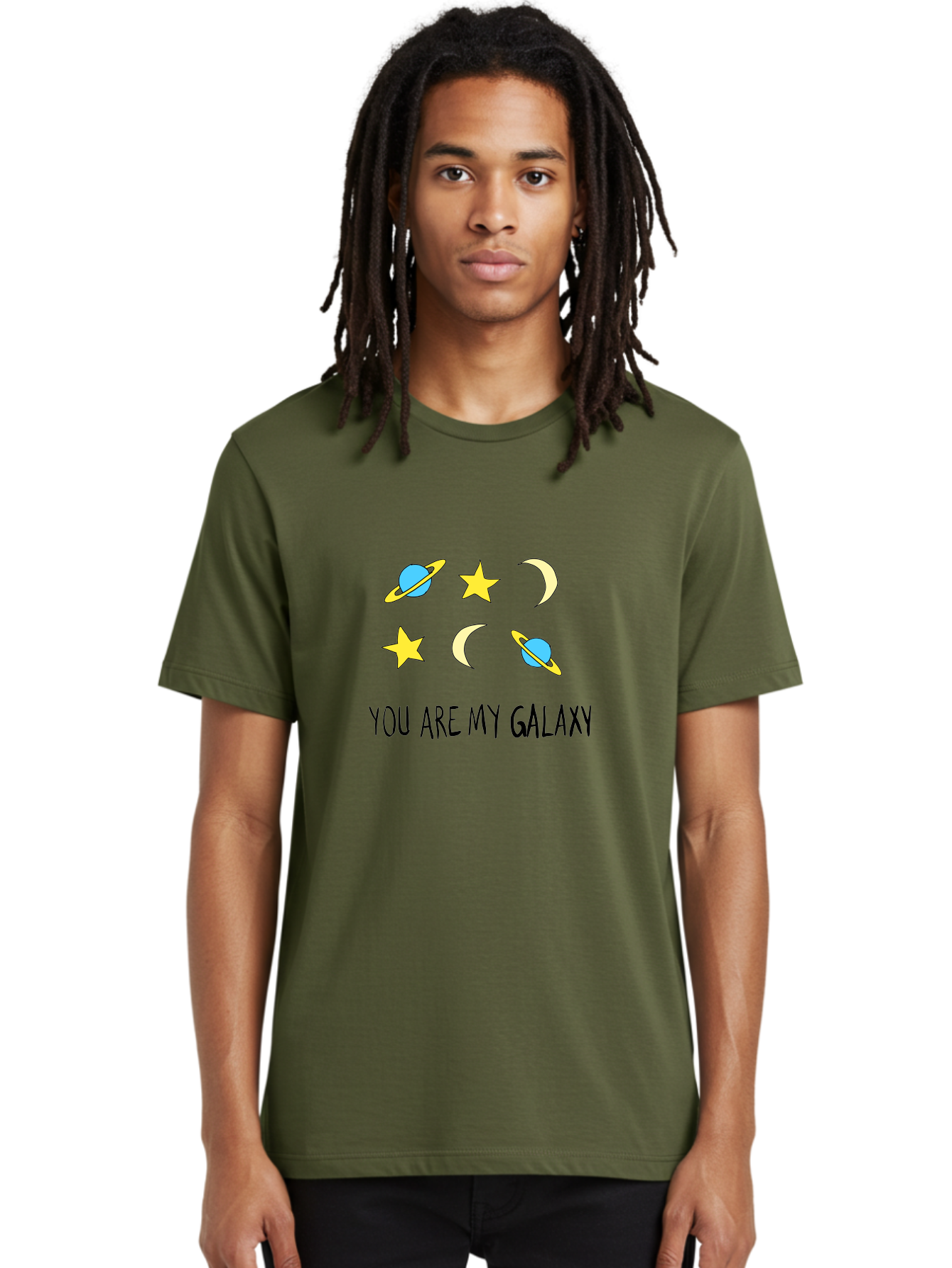 You-Are-My-Galaxy Men'S Graphic Tee, 100% Cotton, Comfortable Casual Summer Wear, Machine Washable, Galaxy Illustration, Celestial Bodies, Stars, Planets, Moons, Romantic Quote, Love Message, Cartoon Graphics, Whimsical Design, Space Theme, - Aaa148