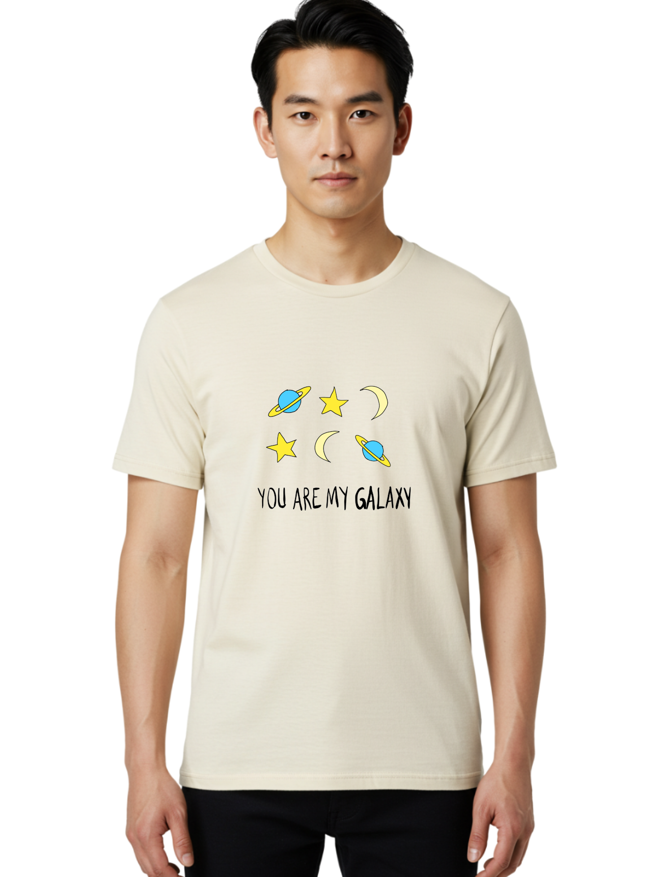 You-Are-My-Galaxy Men'S Graphic Tee, 100% Cotton, Comfortable Casual Summer Wear, Machine Washable, Galaxy Illustration, Celestial Bodies, Stars, Planets, Moons, Romantic Quote, Love Message, Cartoon Graphics, Whimsical Design, Space Theme, - Aaa148