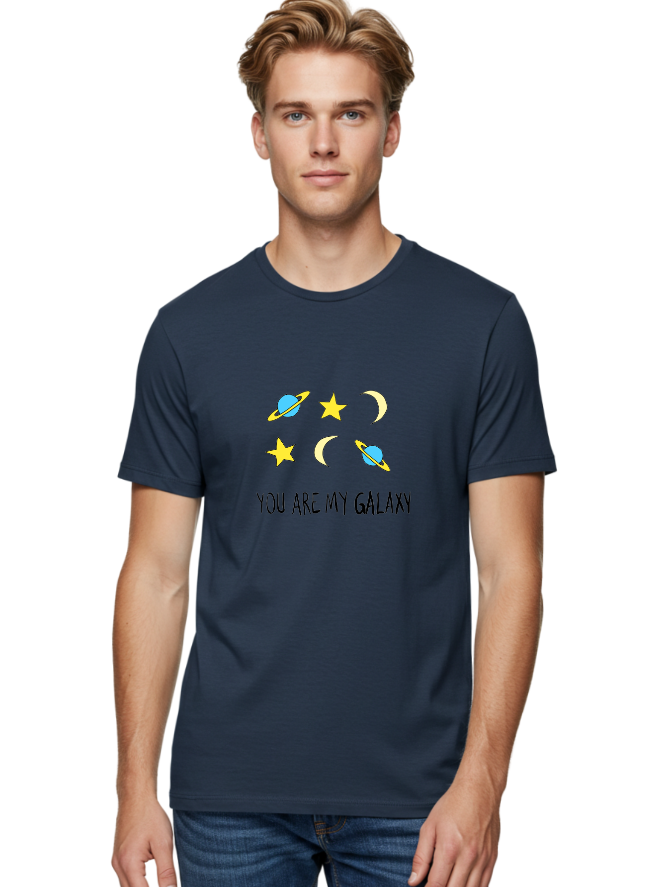 You-Are-My-Galaxy Men'S Graphic Tee, 100% Cotton, Comfortable Casual Summer Wear, Machine Washable, Galaxy Illustration, Celestial Bodies, Stars, Planets, Moons, Romantic Quote, Love Message, Cartoon Graphics, Whimsical Design, Space Theme, - Aaa148
