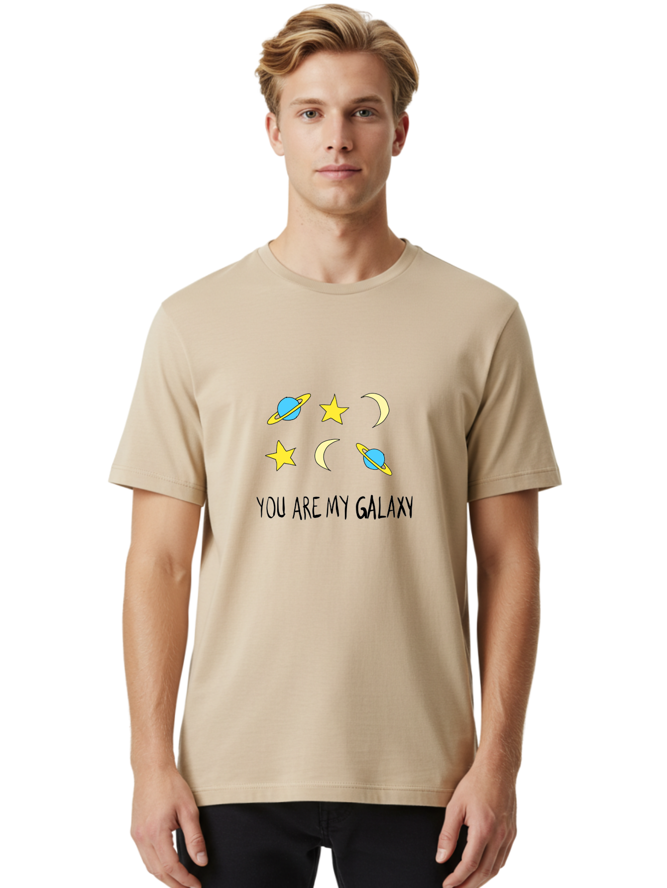 You-Are-My-Galaxy Men'S Graphic Tee, 100% Cotton, Comfortable Casual Summer Wear, Machine Washable, Galaxy Illustration, Celestial Bodies, Stars, Planets, Moons, Romantic Quote, Love Message, Cartoon Graphics, Whimsical Design, Space Theme, - Aaa148
