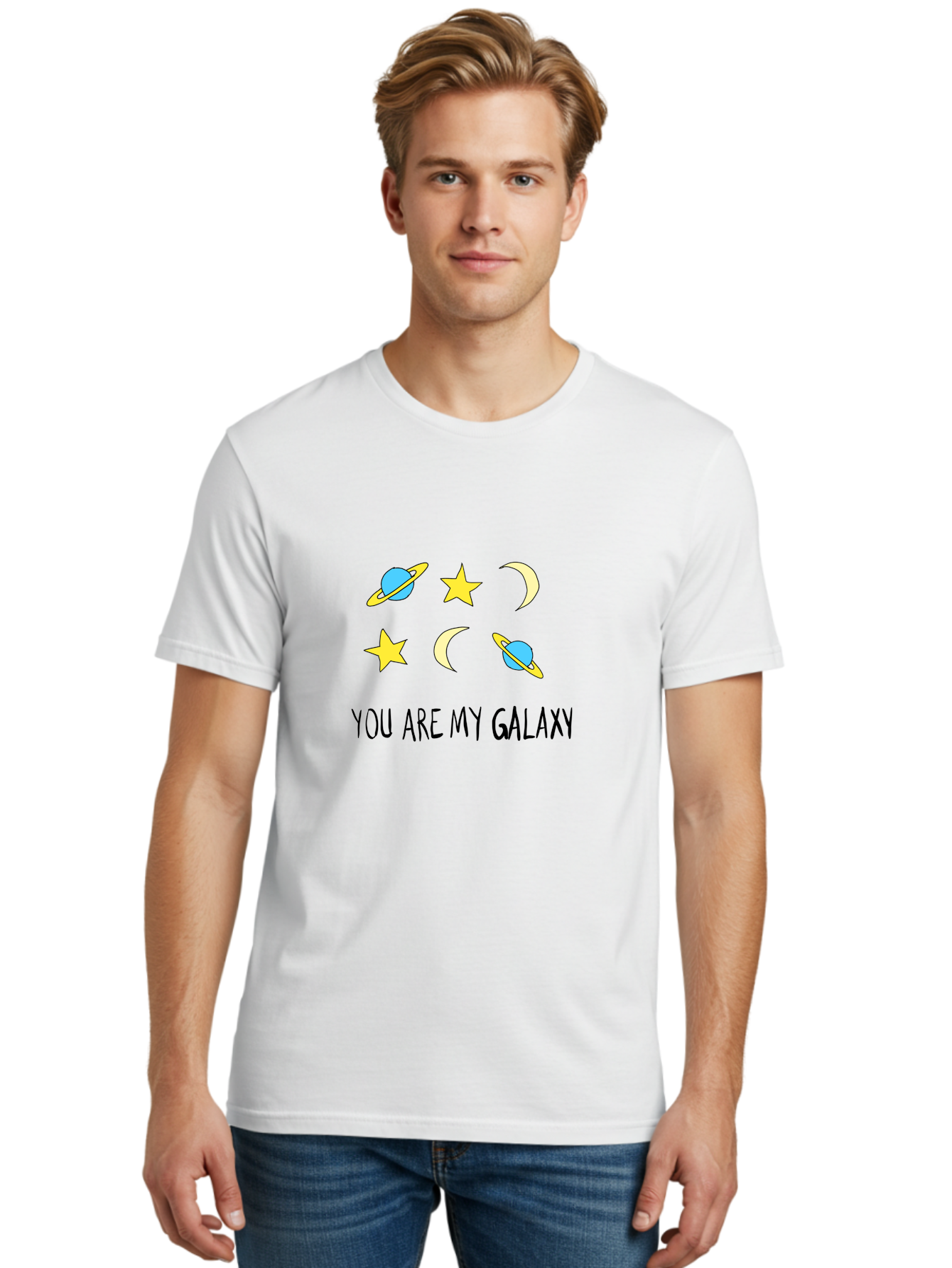 You-Are-My-Galaxy Men'S Graphic Tee, 100% Cotton, Comfortable Casual Summer Wear, Machine Washable, Galaxy Illustration, Celestial Bodies, Stars, Planets, Moons, Romantic Quote, Love Message, Cartoon Graphics, Whimsical Design, Space Theme, - Aaa148
