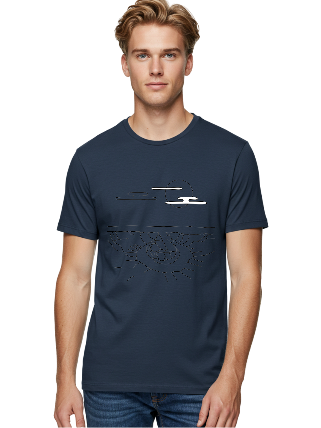 Abstract-Hand Men'S Graphic Tee, 100% Cotton, Comfortable Casual Summer Wear, Machine Washable, Sun, Clouds, Spiral Shape, Abstract Art, Futuristic Design, Simple Shapes, Minimalist Style, Surreal Landscape - Aaa154