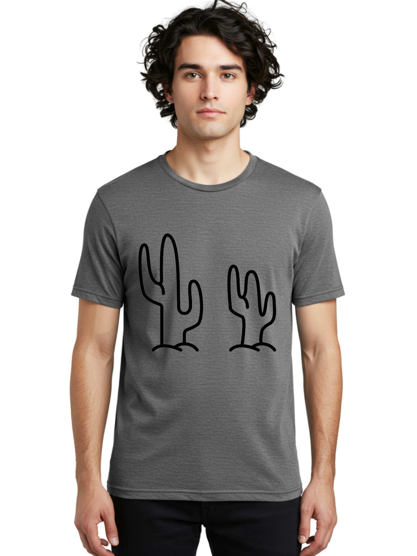 Cacti Men'S Graphic Tee, 100% Cotton, Comfortable Casual Summer Wear, Machine Washable, Cacti, Cactus Graphics, Simple Illustrations, Minimalist Design, Hand Drawn Art, Desert Plants, Outline Drawings, Black Lines - Aaa160