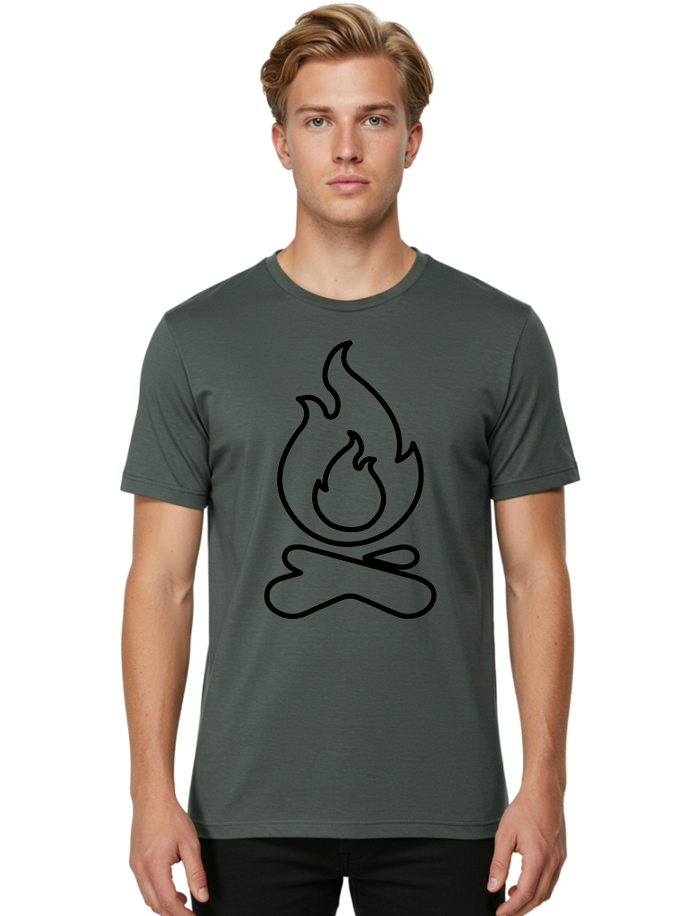 simple line art, camp fire icon, minimalist design, black outline, flame symbol, outdoor adventure, camping theme, warm ambiance, graphic illustration