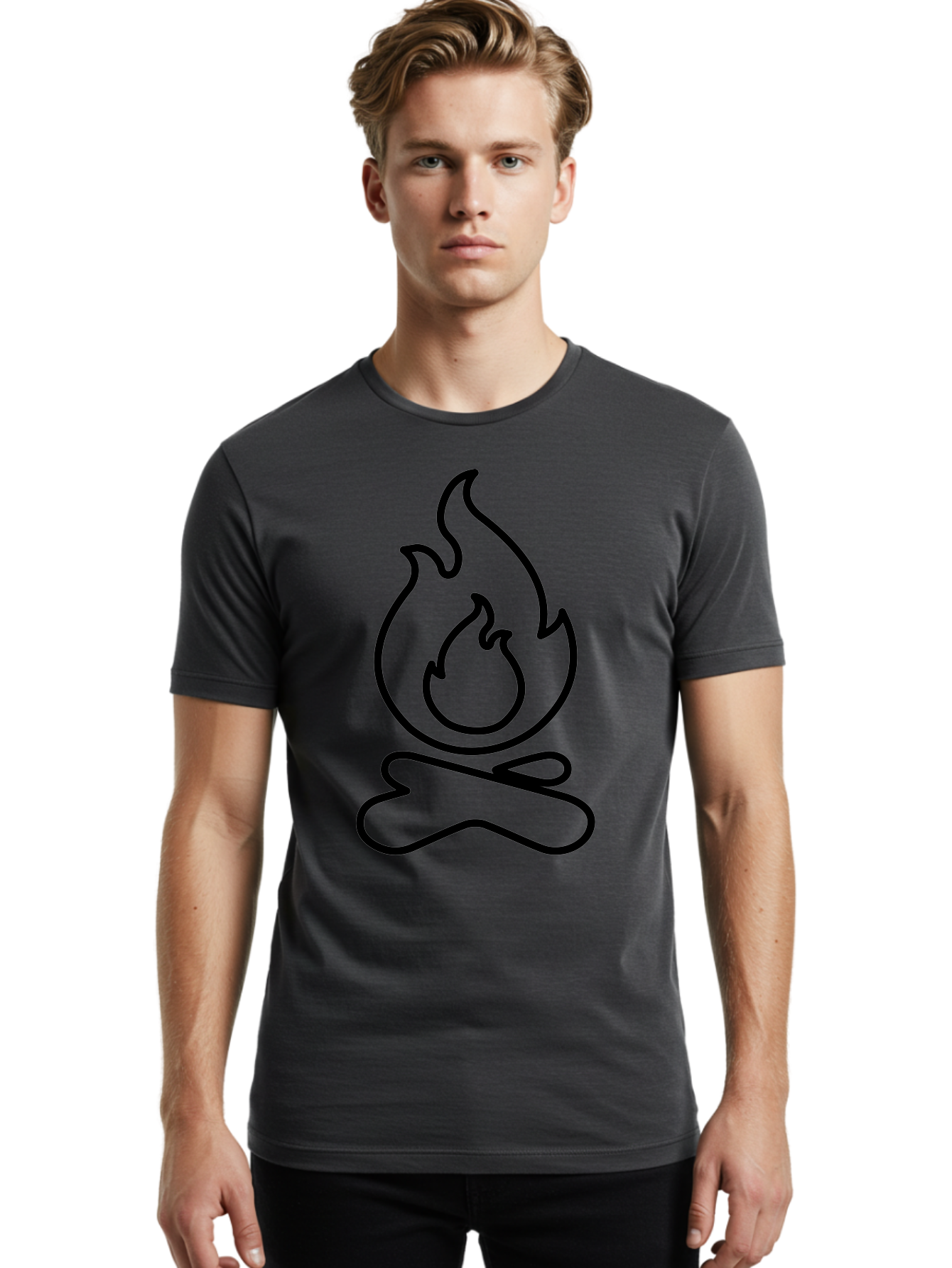 simple line art, camp fire icon, minimalist design, black outline, flame symbol, outdoor adventure, camping theme, warm ambiance, graphic illustration
