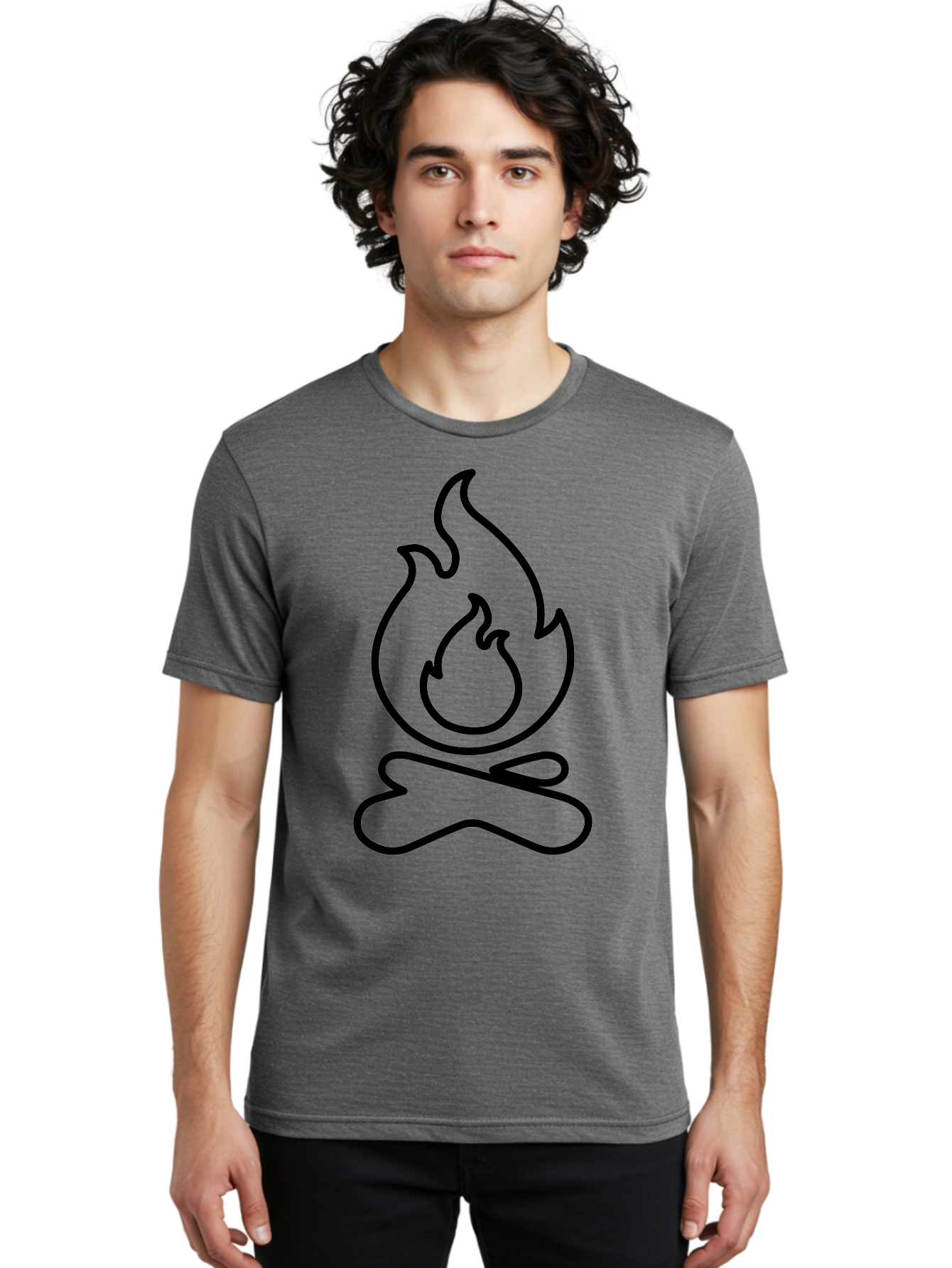 simple line art, camp fire icon, minimalist design, black outline, flame symbol, outdoor adventure, camping theme, warm ambiance, graphic illustration