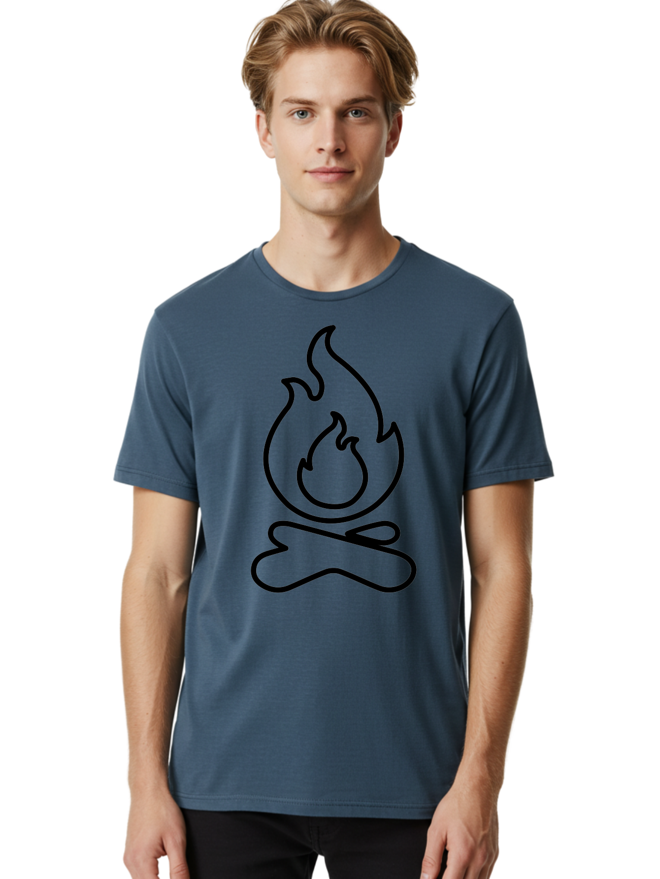 simple line art, camp fire icon, minimalist design, black outline, flame symbol, outdoor adventure, camping theme, warm ambiance, graphic illustration
