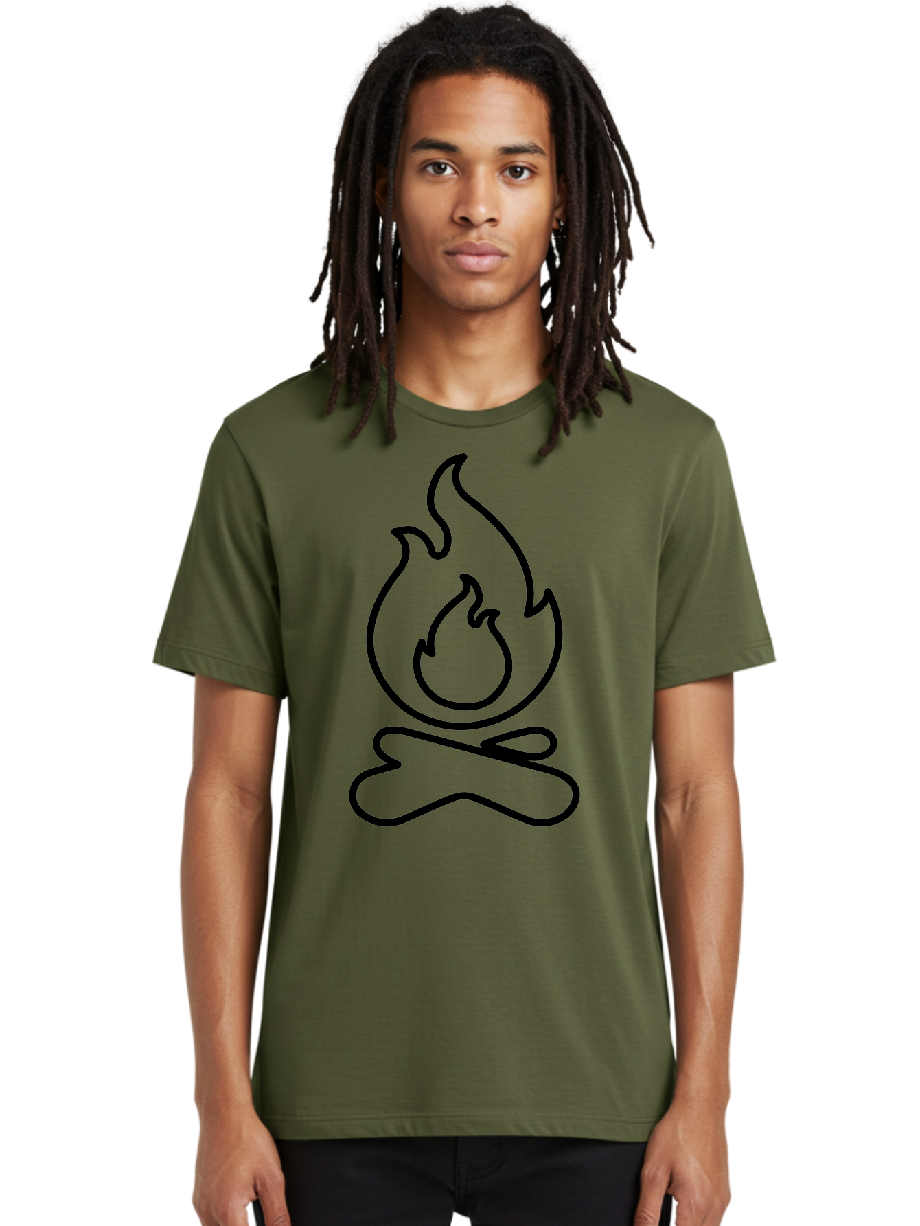 simple line art, camp fire icon, minimalist design, black outline, flame symbol, outdoor adventure, camping theme, warm ambiance, graphic illustration